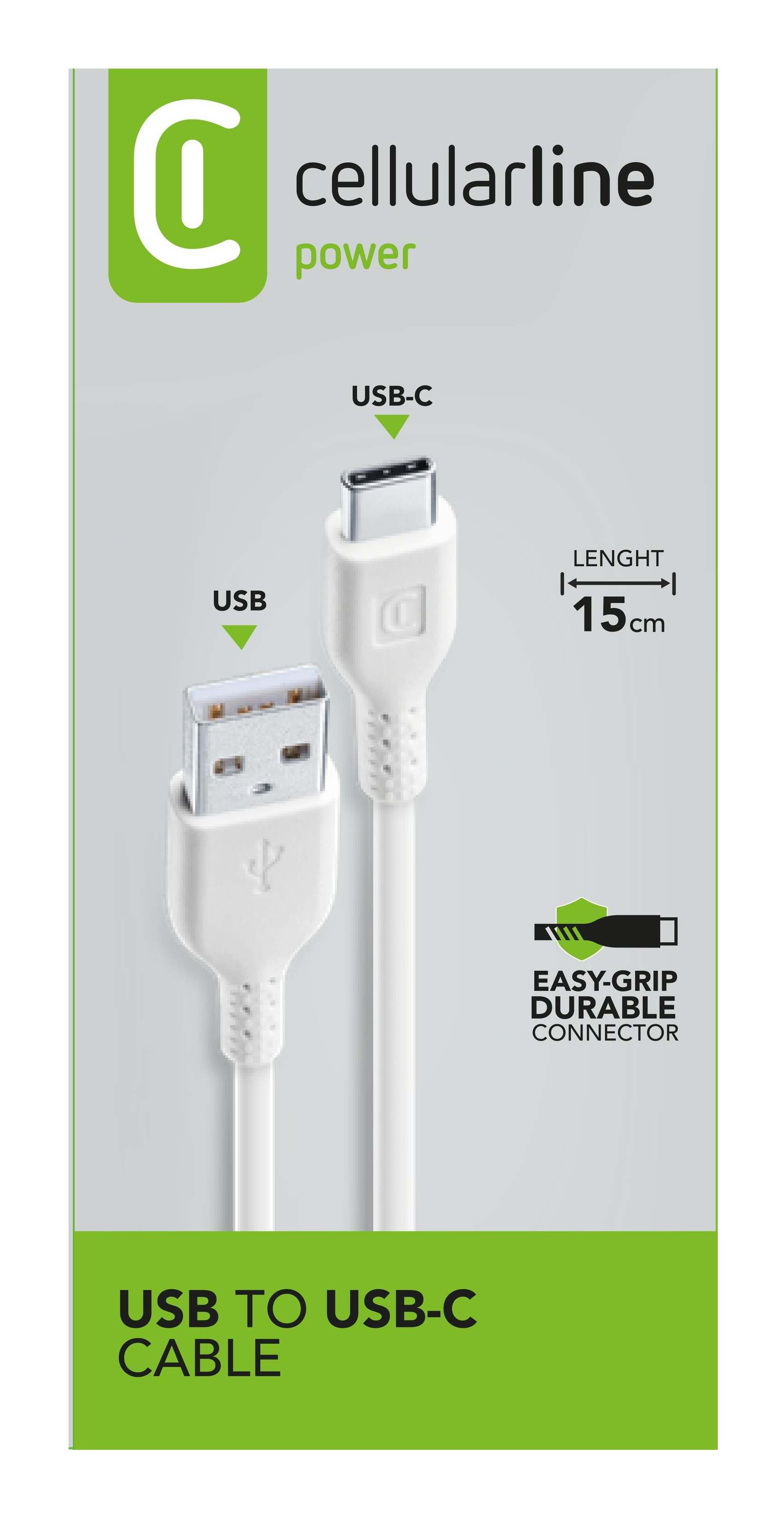 Cable USB a USB-C blanco con una longitud de 15 cm. Tiene un conector verde 'EASY-GRIP'.