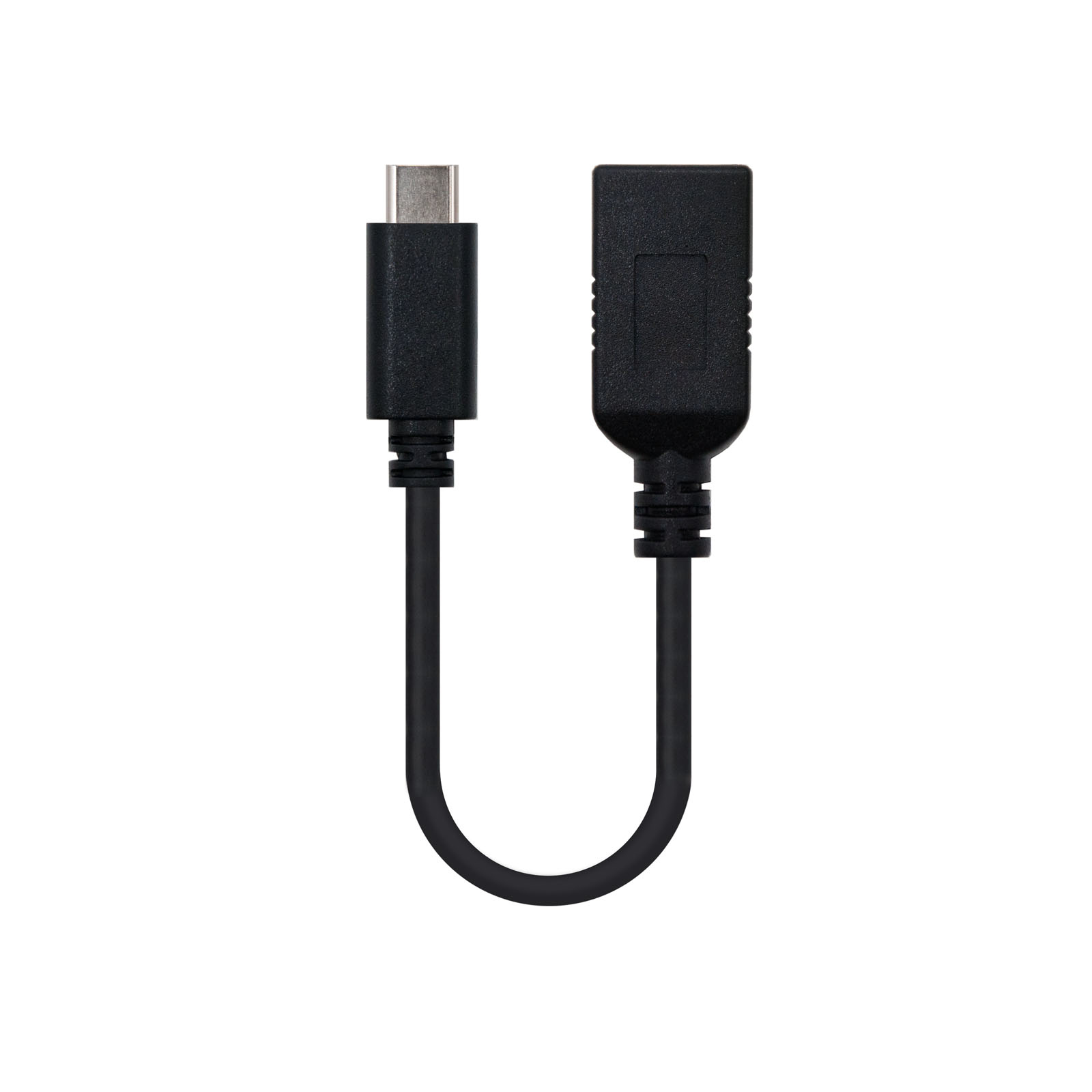Zwarte USB-C naar USB adapterkabel, witte achtergrond.