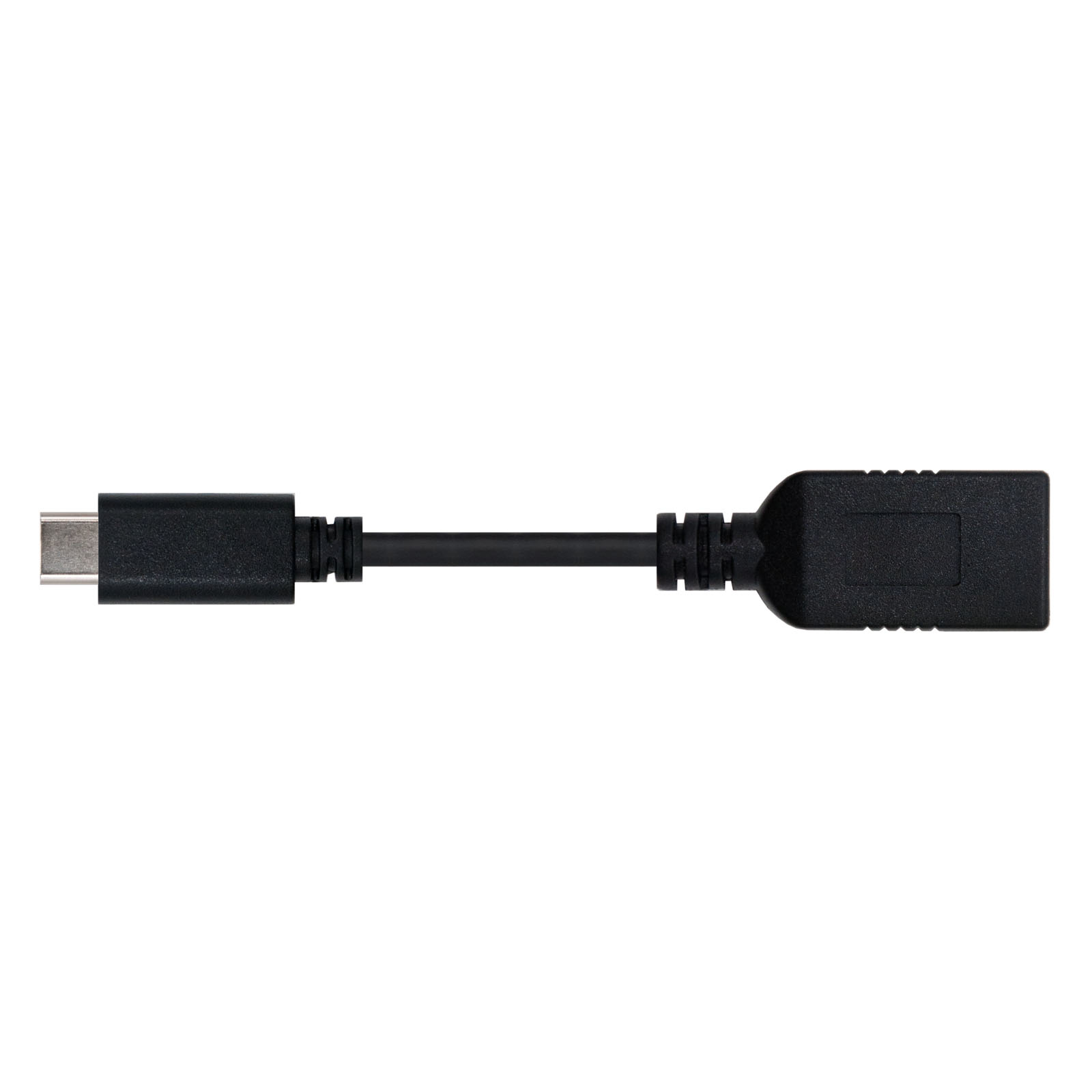 Zwarte USB-C naar USB-C adapterkabel op een witte achtergrond.