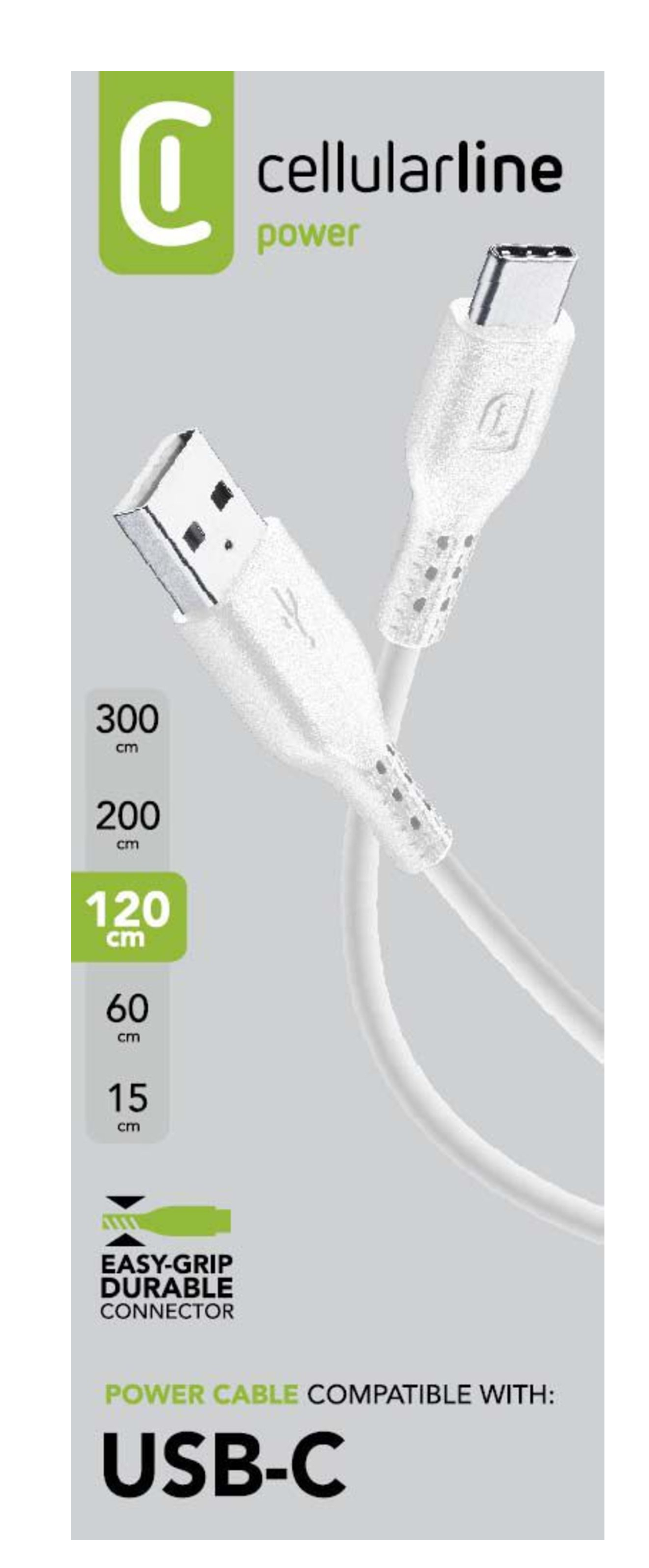 White USB-C cable, with text and measurements. Cable is 120cm long, on a white background.