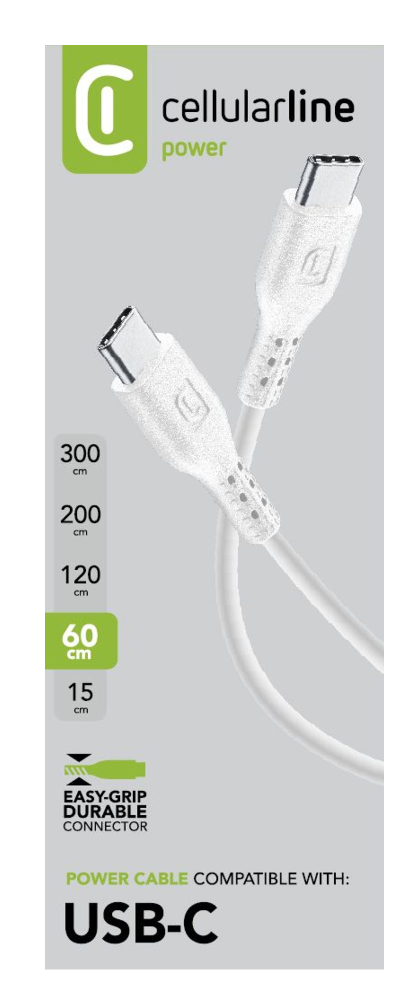 Cavo USB-C bianco con marcature di lunghezza ed etichetta cavo di alimentazione USB-C compatibile.