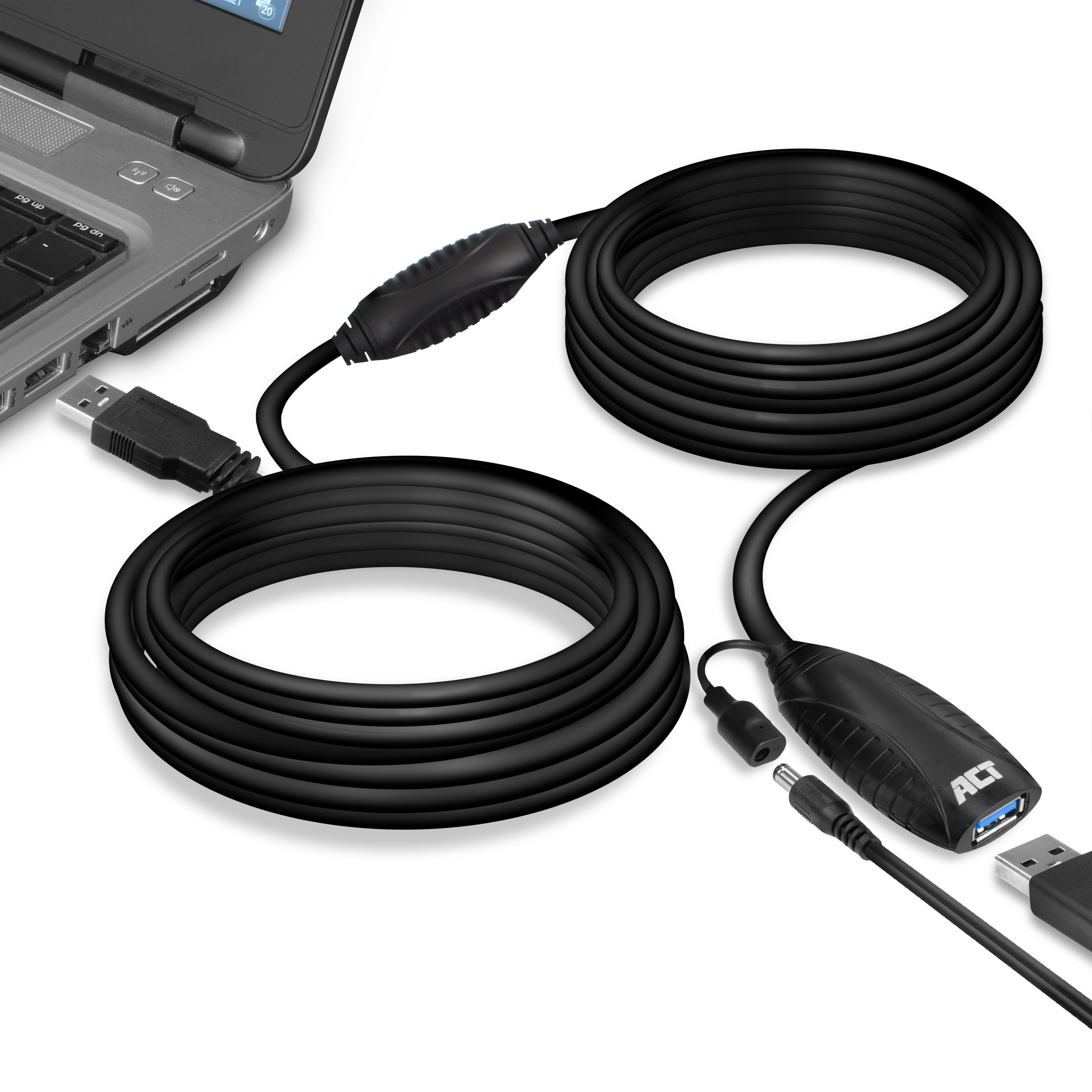 Black USB extension cable connected to a laptop and other devices.