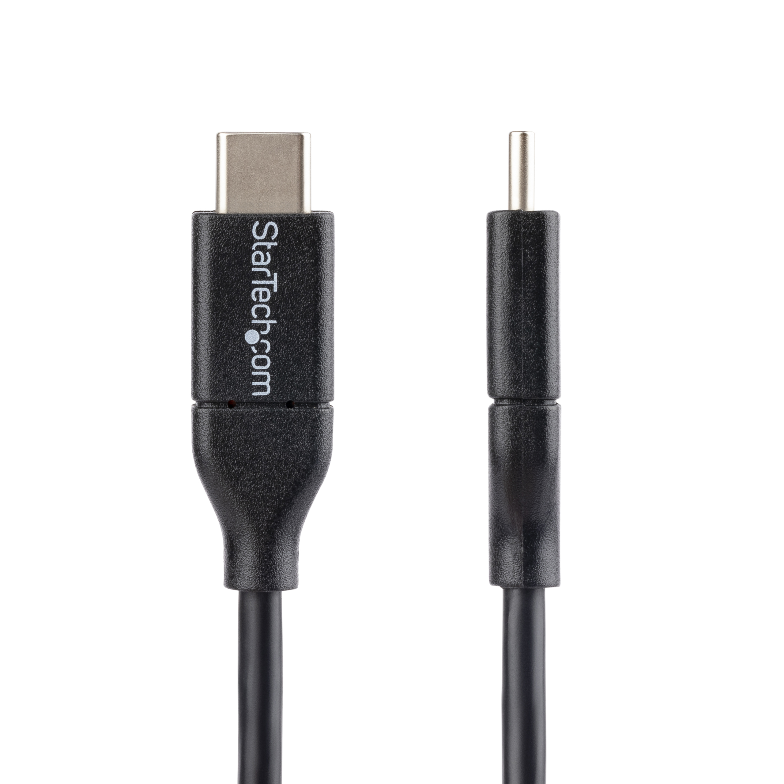 Cable USB-C a mini USB negro. Se muestran ambos extremos.