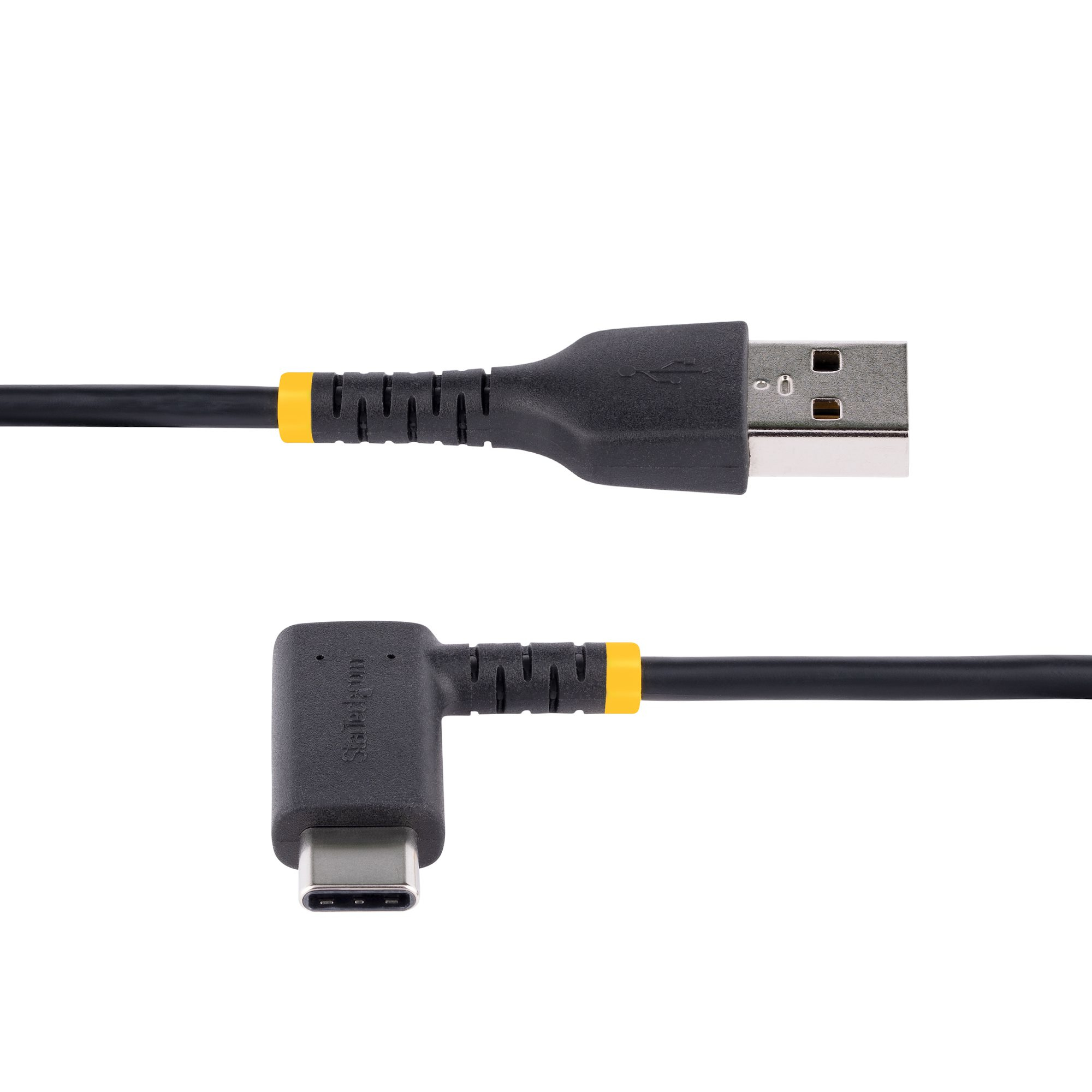 USB-C-kabel. Een zwarte USB-C-kabel met gele accenten op een witte achtergrond.