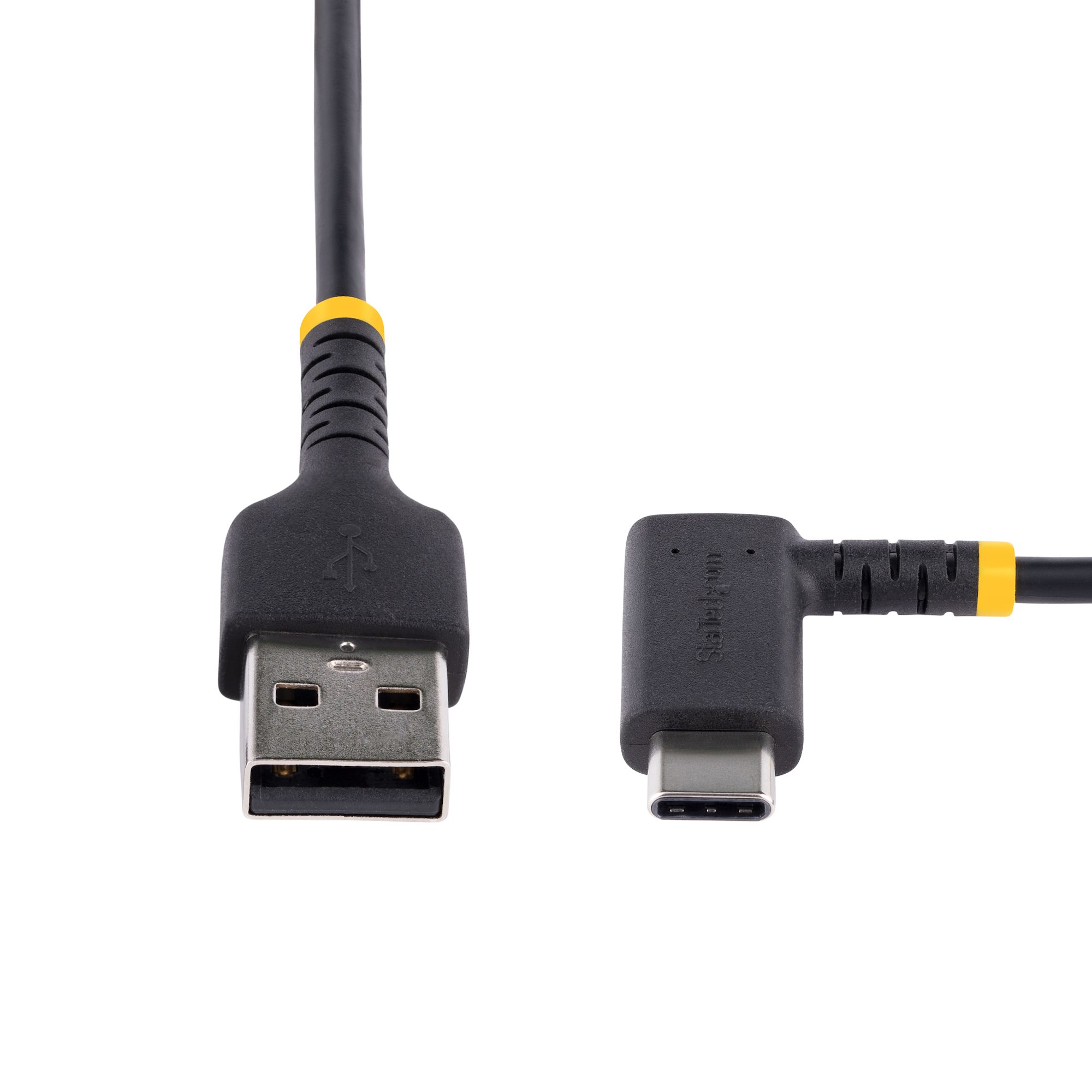 Twee zwarte USB-kabels, een met een USB-connector en de andere met een USB-C-connector.