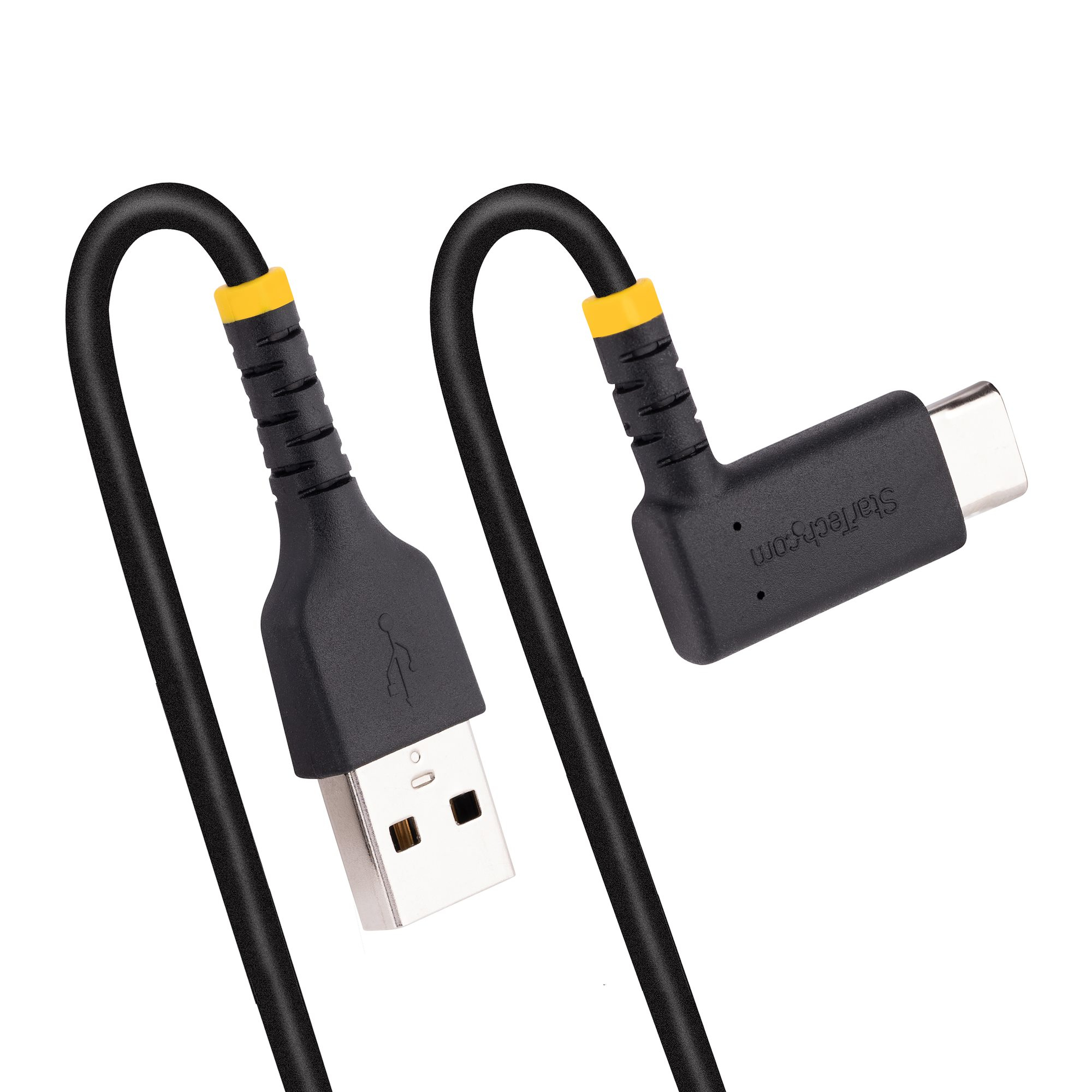 Zwarte USB-A naar USB-C kabel, gehoekt.