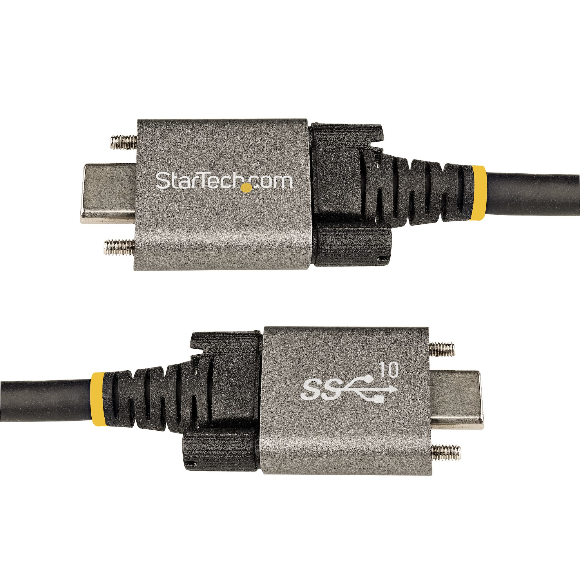Cable USB-C a USB-C con la marca StarTech.com y acentos amarillos.