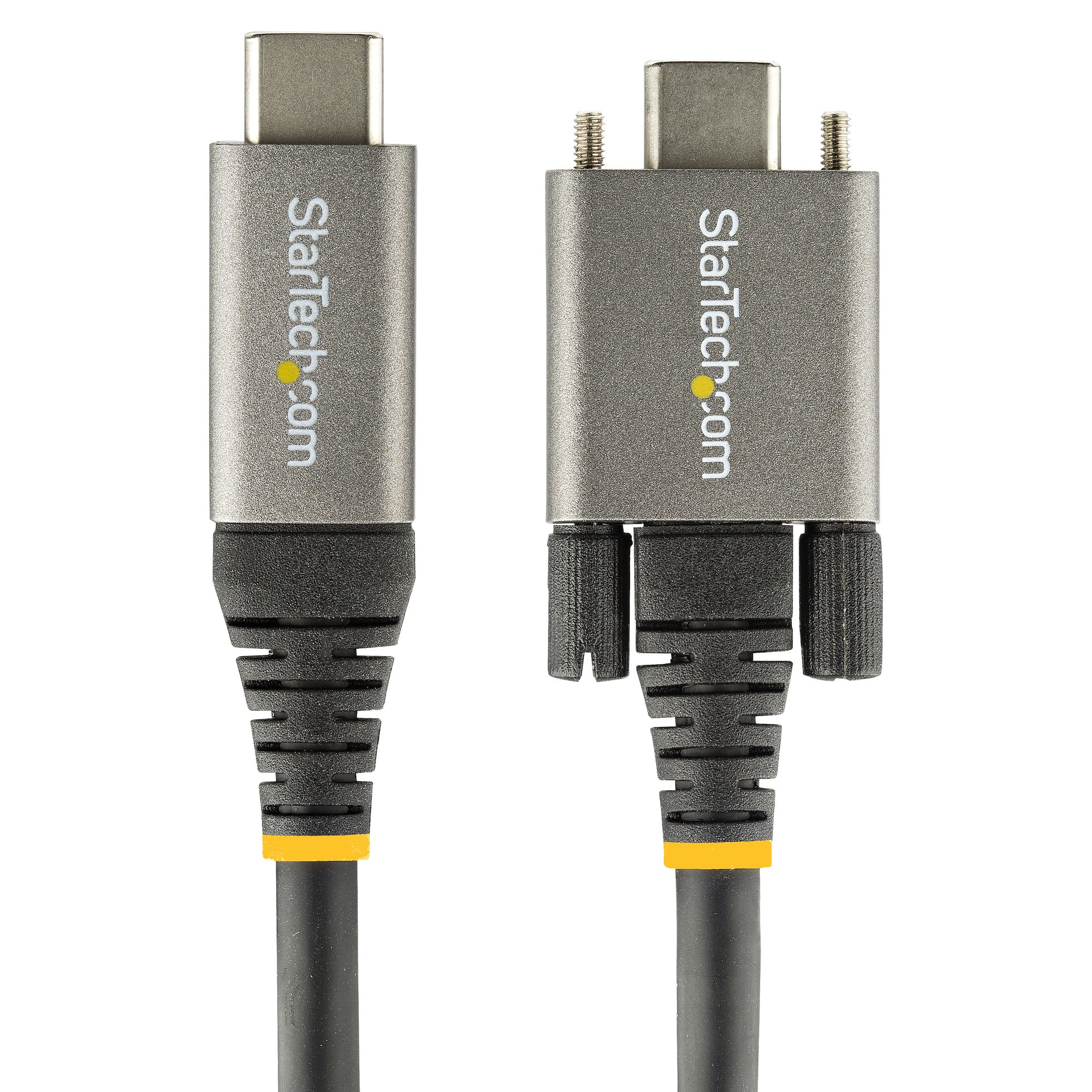 Dos adaptadores USB-C plateados. Uno es USB-C a USB-C y otro es USB-C a VGA.