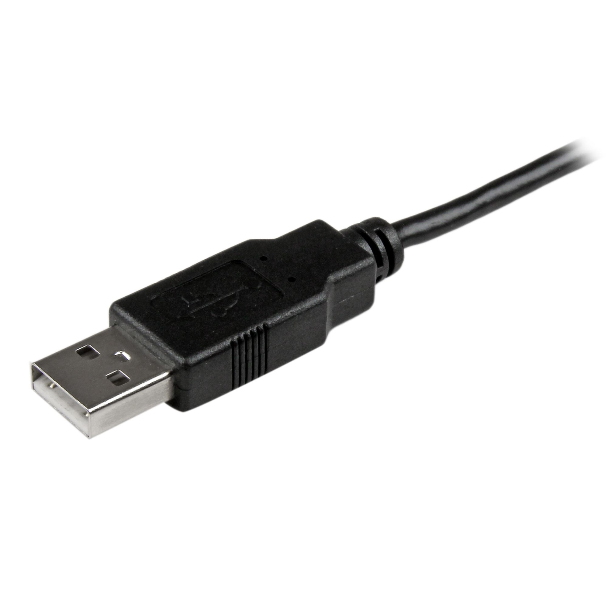 Primer plano de un conector USB negro sobre fondo blanco.