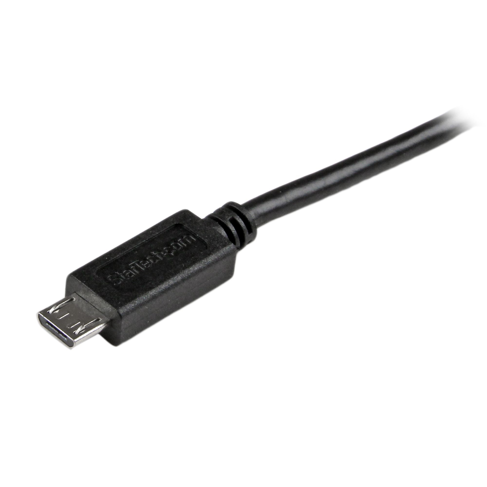 Un cable USB negro. Un extremo tiene un conector micro USB.