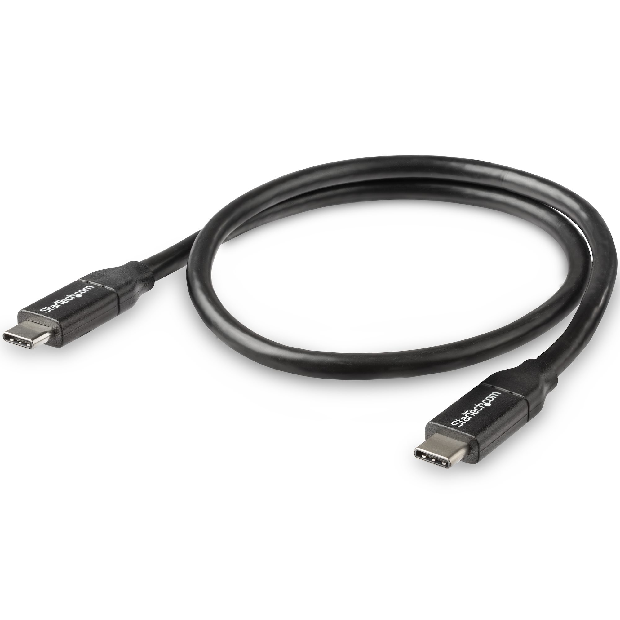 Cable USB-C negro con conectores USB-C en ambos extremos, aislado sobre fondo blanco.