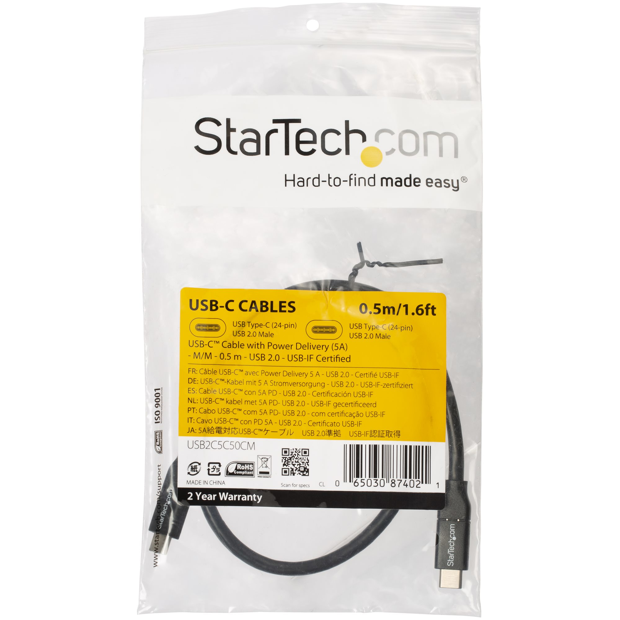 Cable USB-C en un paquete de plástico con información del producto y un código de barras.