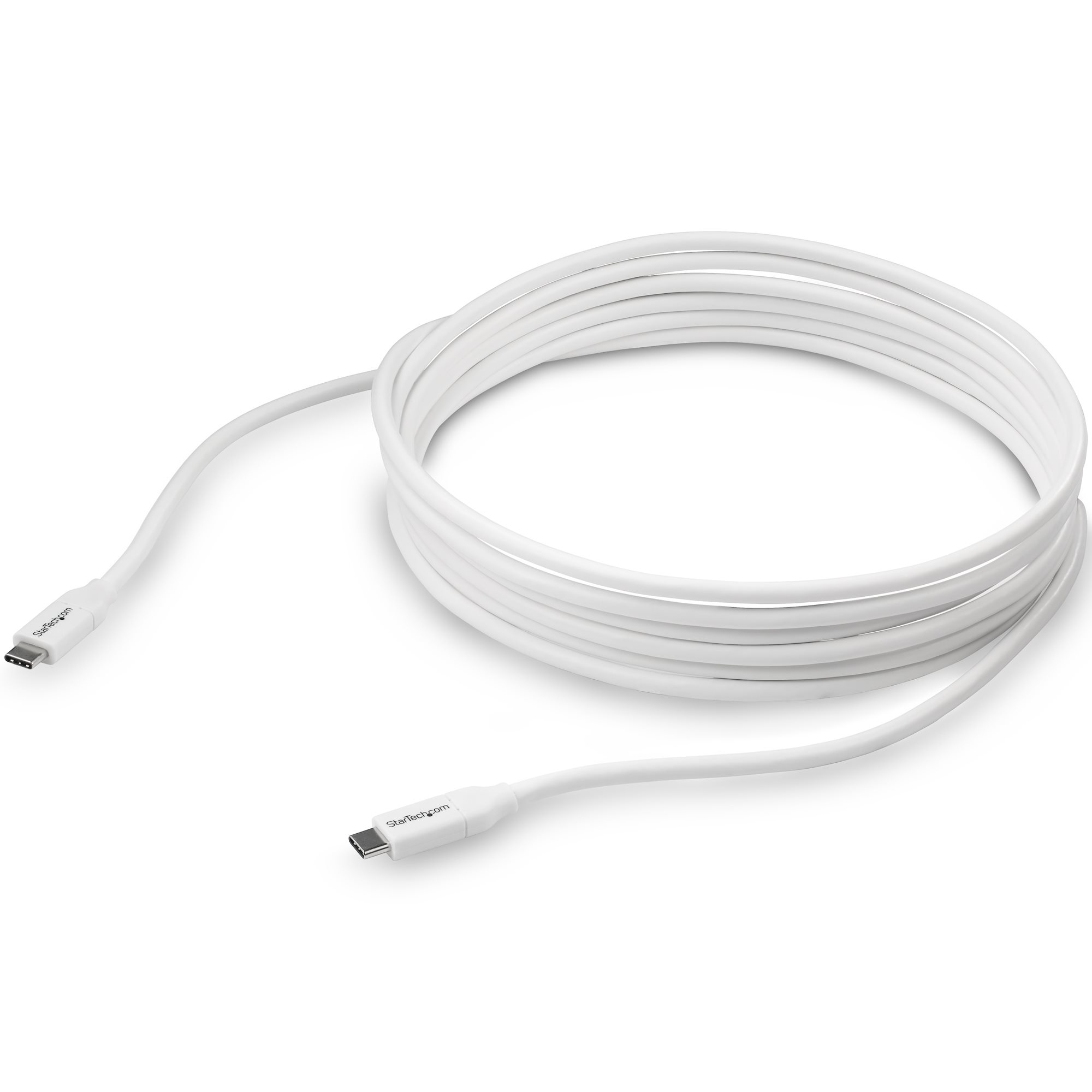 Cavo USB-C bianco, arrotolato. Entrambe le estremità hanno connettori StarTech.com argentati.