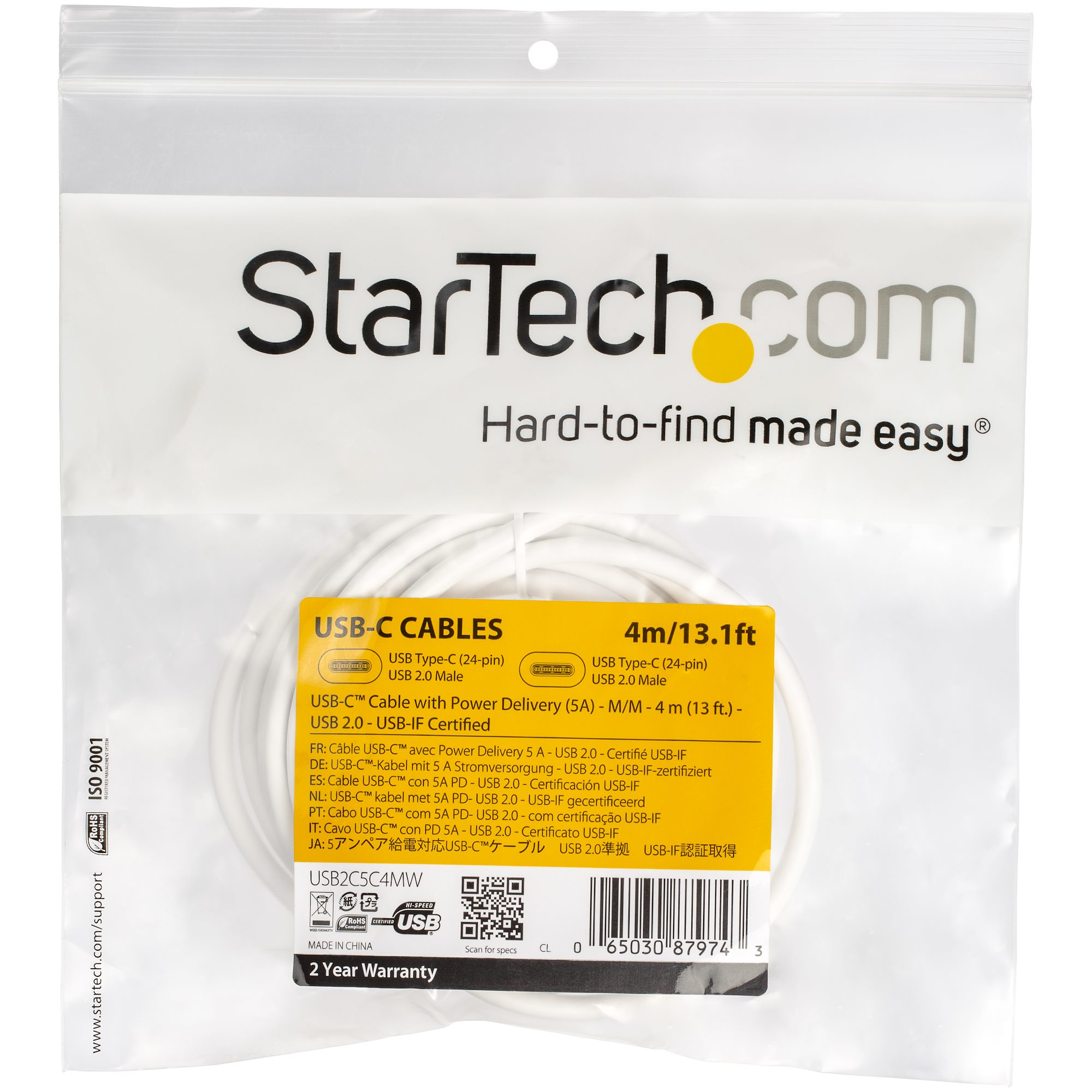 Confezione del prodotto cavo USB-C StarTech.com, con testo e dettagli. Ha uno sfondo bianco.