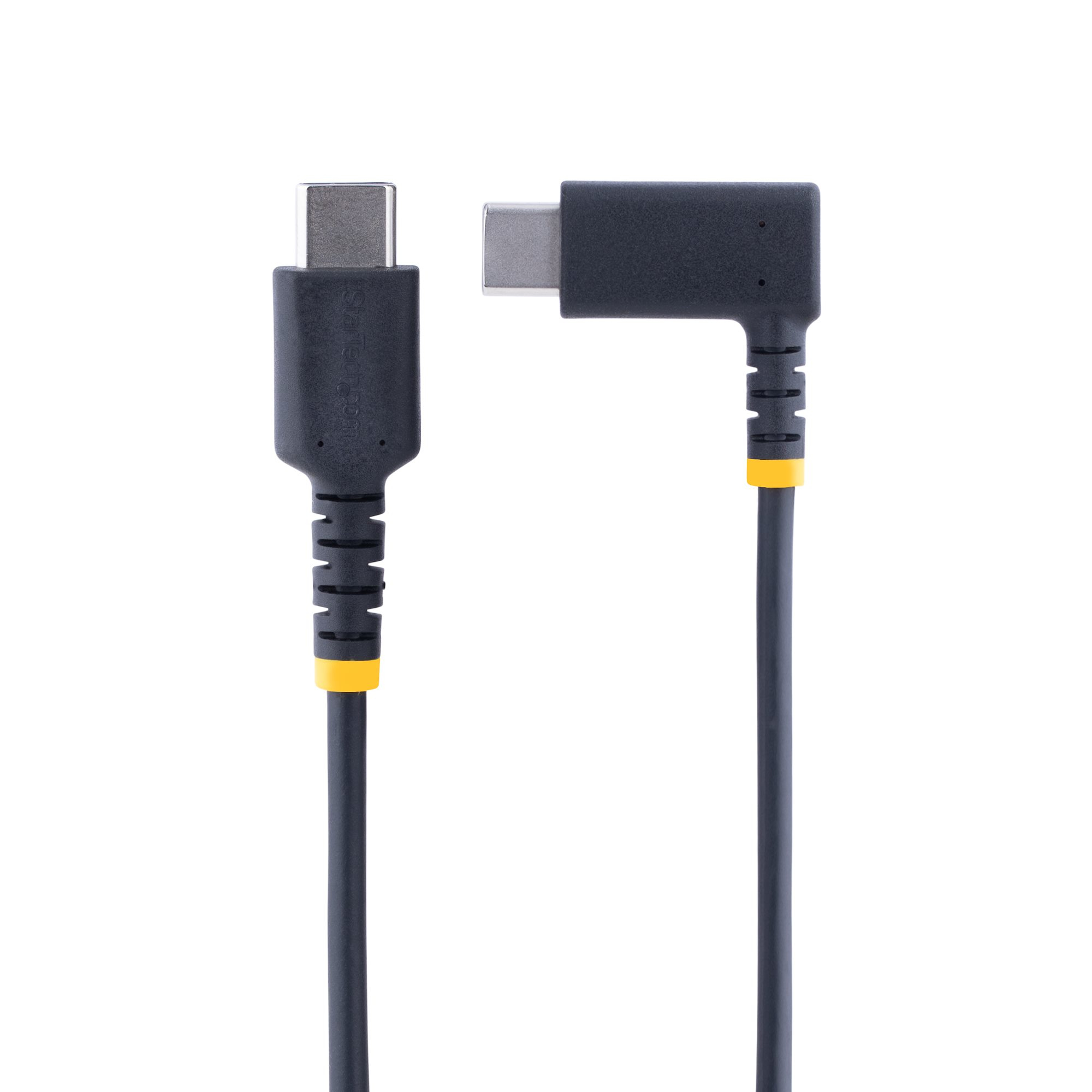 Zwarte USB-C kabel met haakse connector en gele accenten.