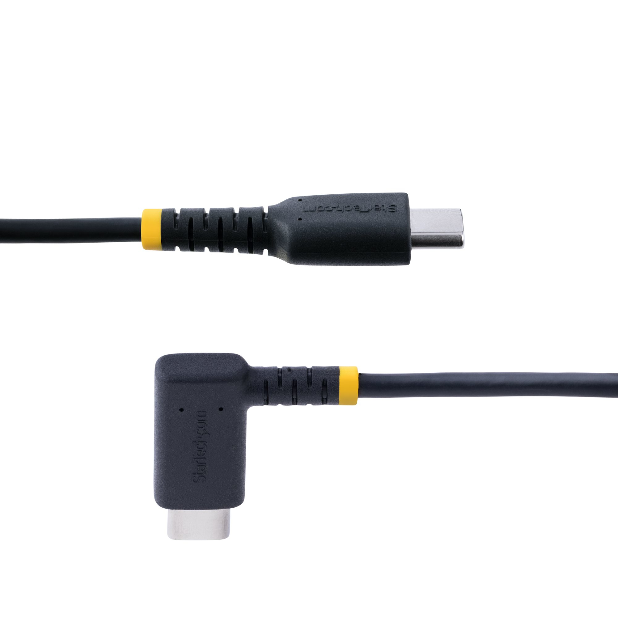 Zwarte USB-C naar gehoekte USB-C kabel met gele accenten, op een witte achtergrond.