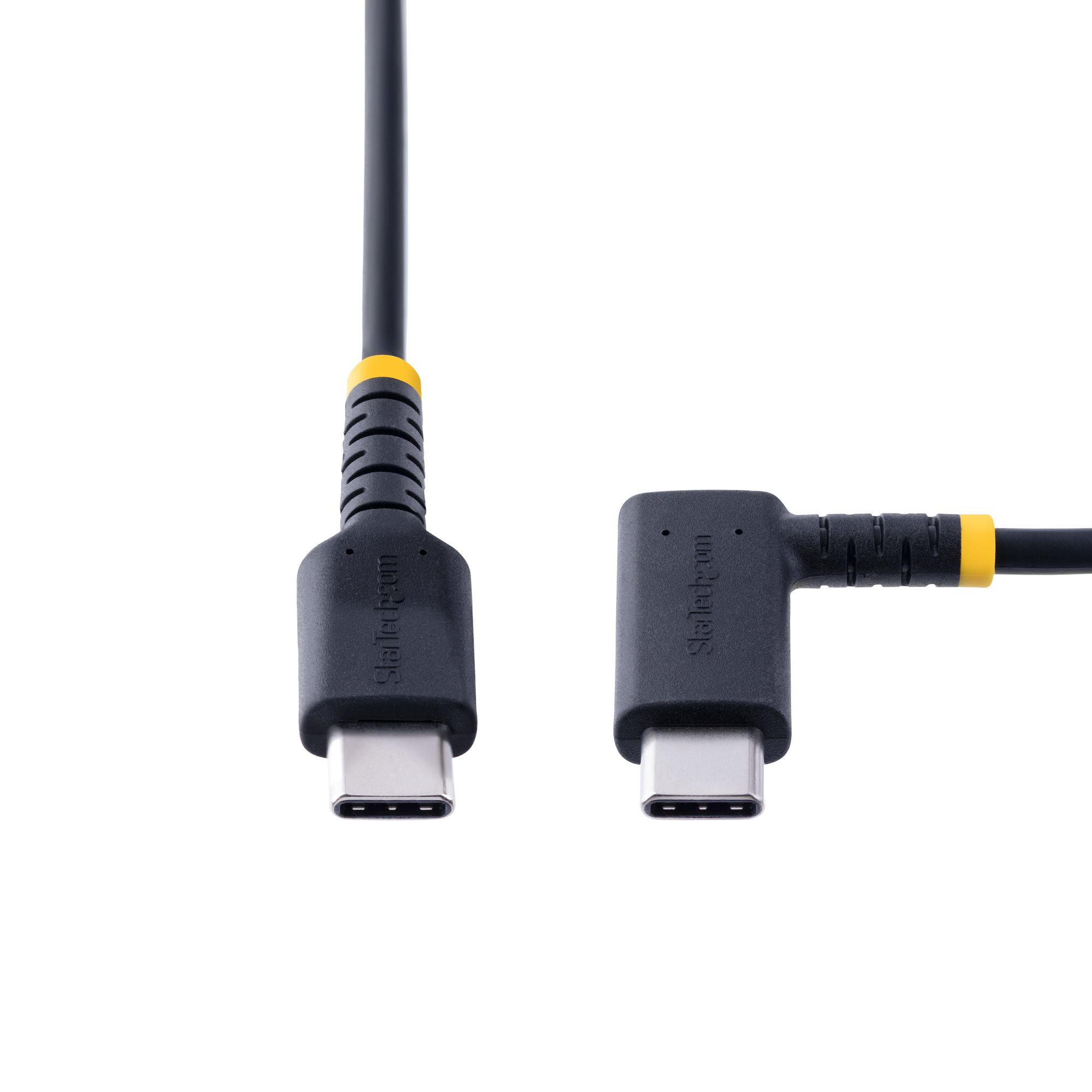 Zwarte USB-C-kabels met StarTech.com-logo op een witte achtergrond.