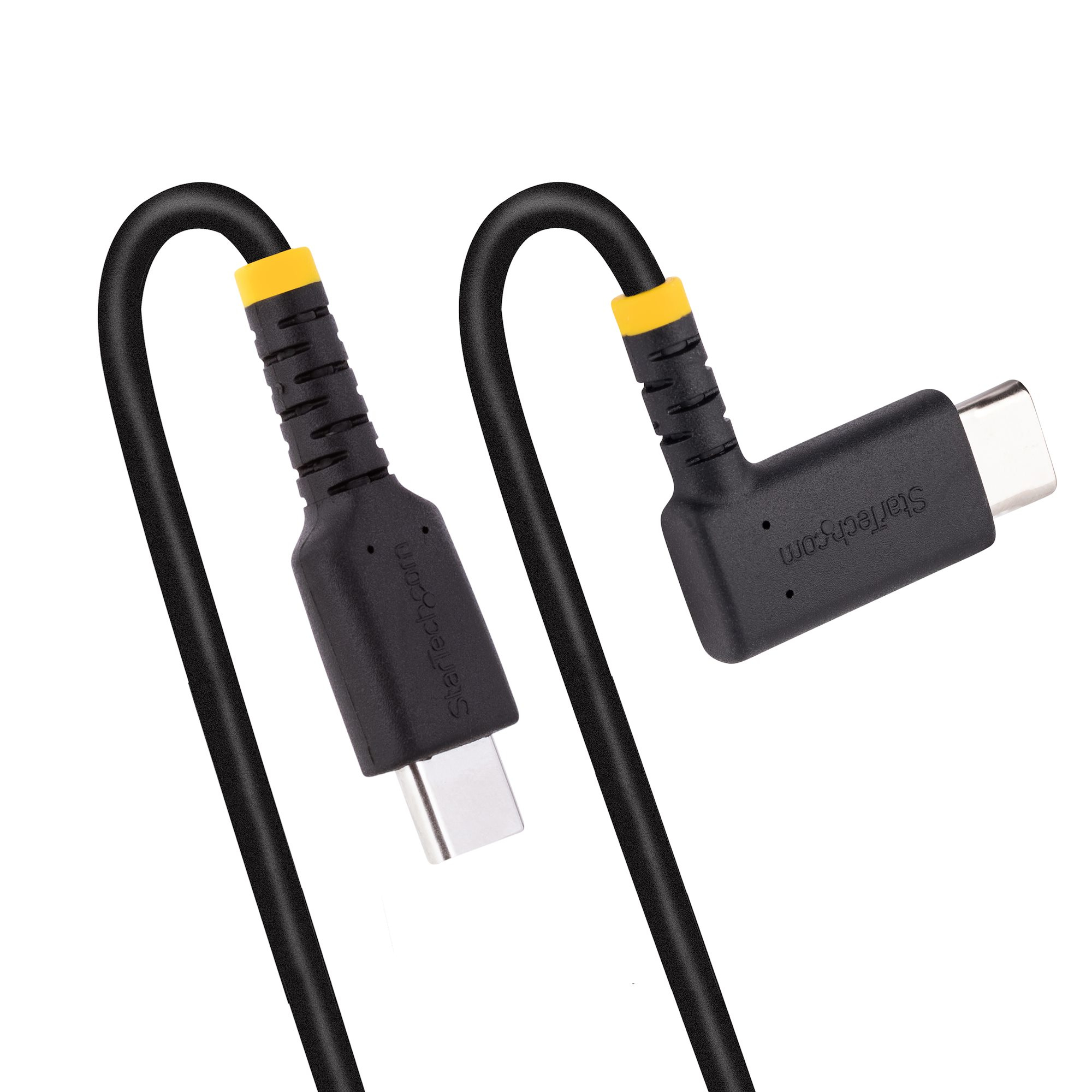 Twee zwarte USB-C-kabels met gele accenten, gehoekt en recht.