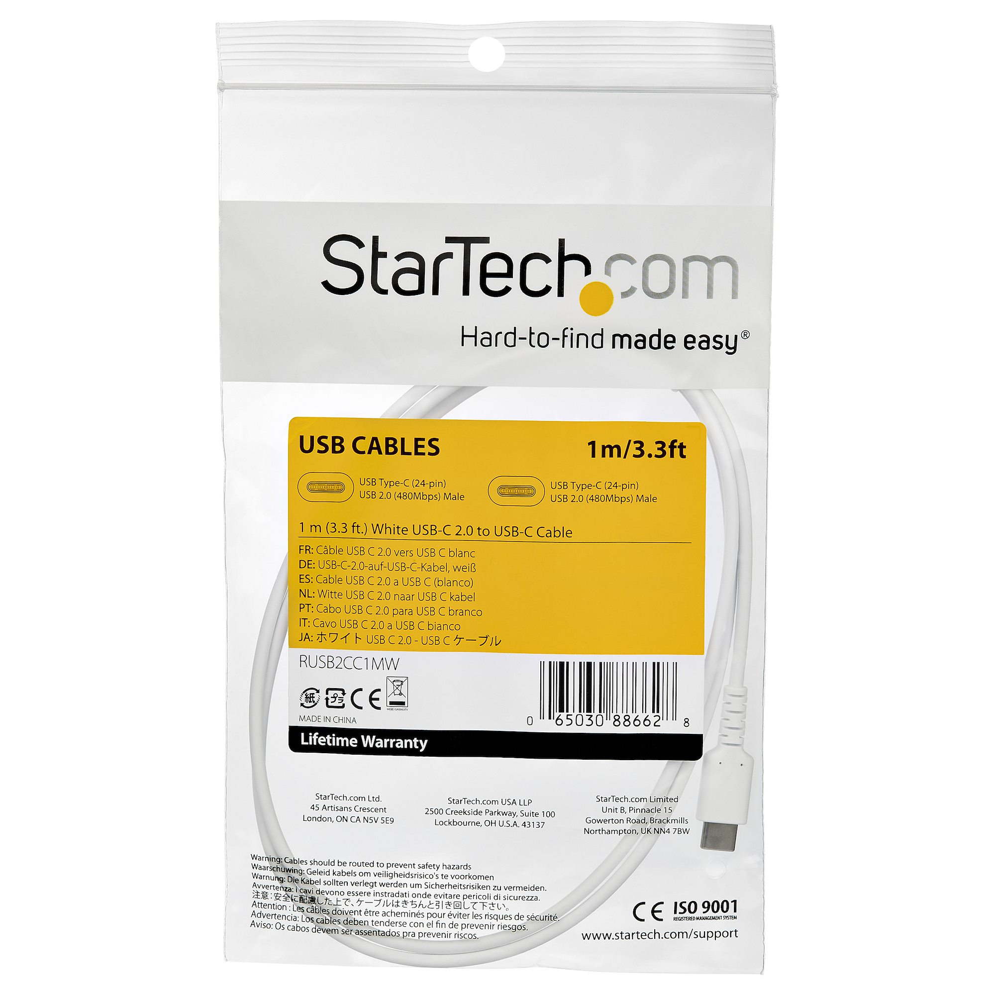 White USB cable in a package. The package has text in multiple languages.