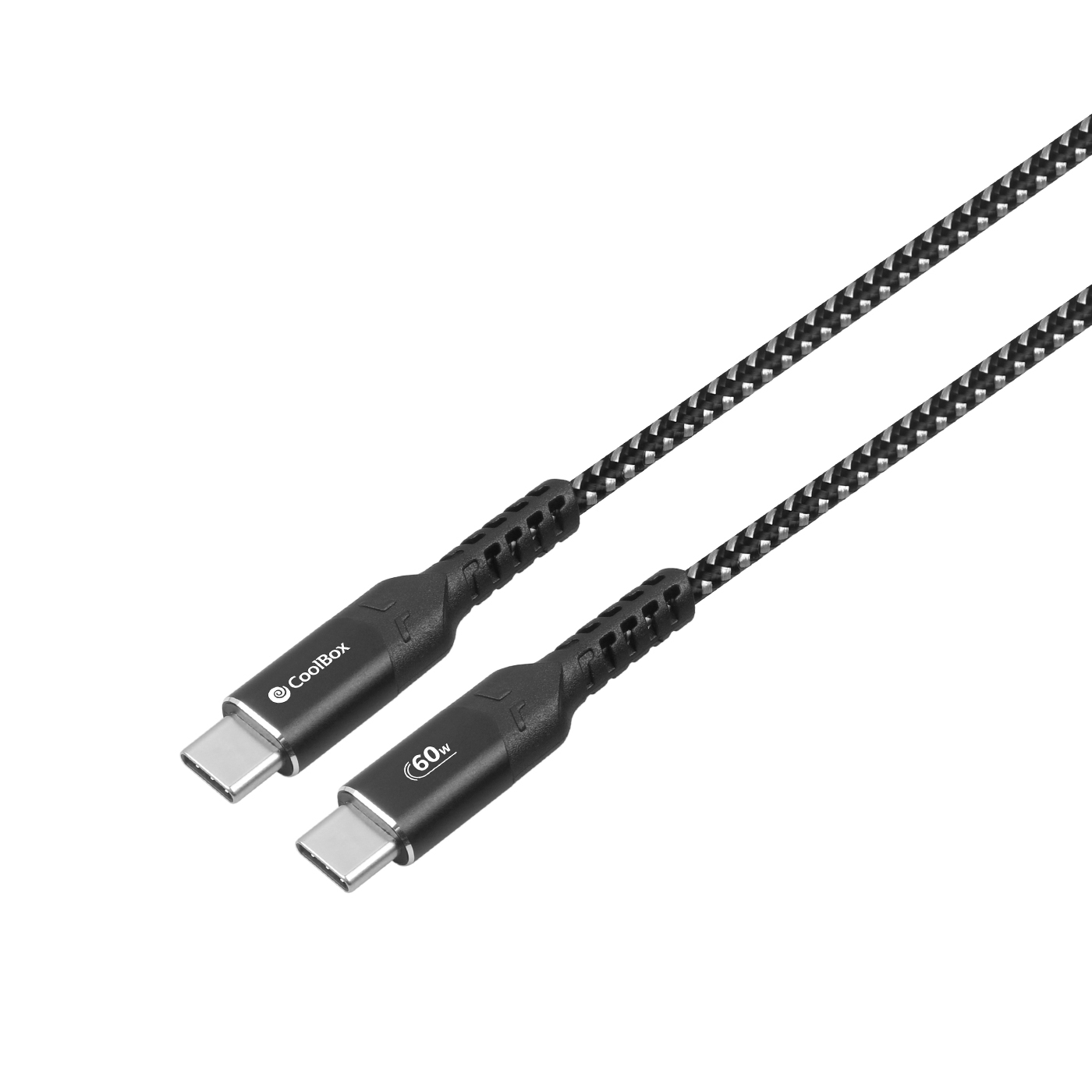 Cavo USB-C intrecciato nero e grigio con marchio CoolBox ed etichetta 60W.