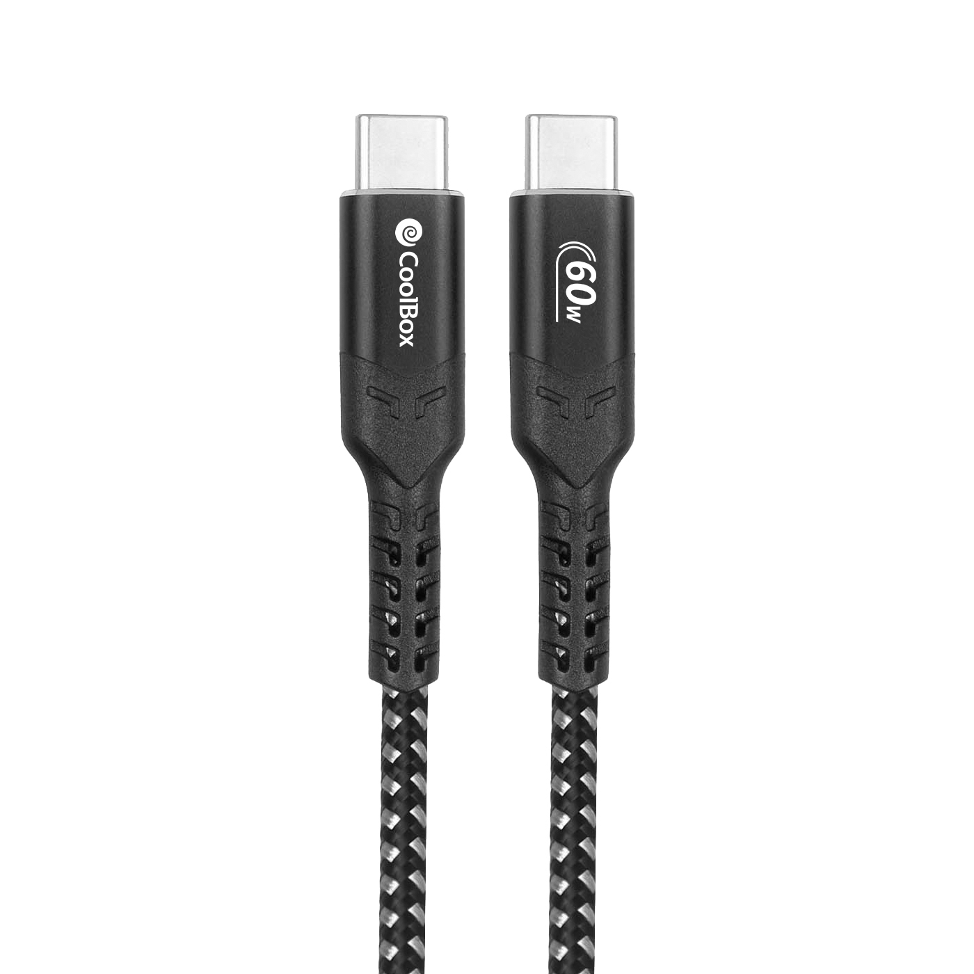 Due cavi USB-C neri con design intrecciato e logo CoolBox, isolati su sfondo bianco.