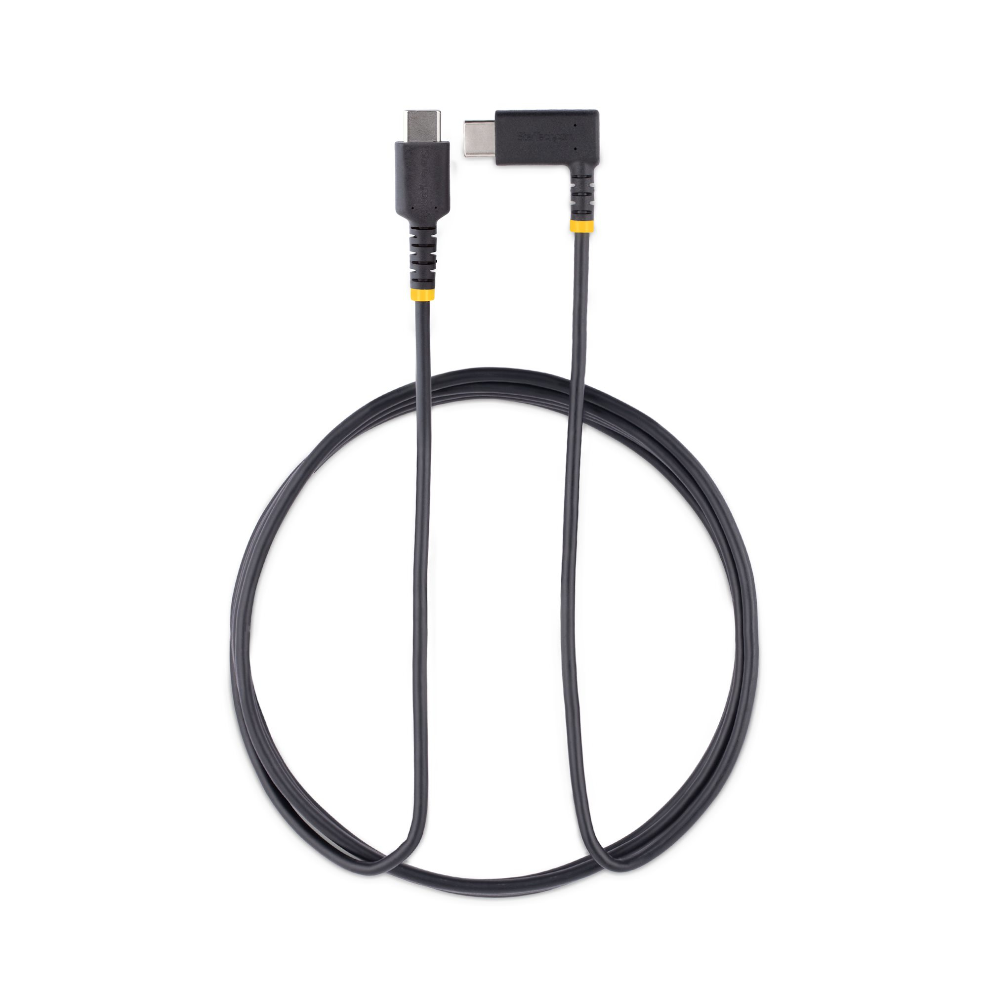 Cavo USB-C nero, arrotolato, collegato a un connettore ad angolo retto.