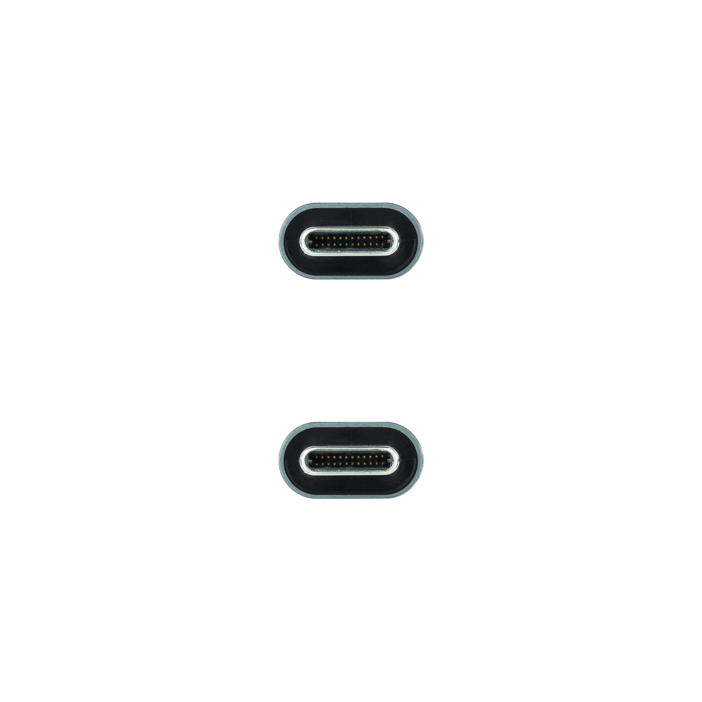 Zwei USB Typ-C-Anschlüsse auf weißem Hintergrund. Sie sind beide grau.