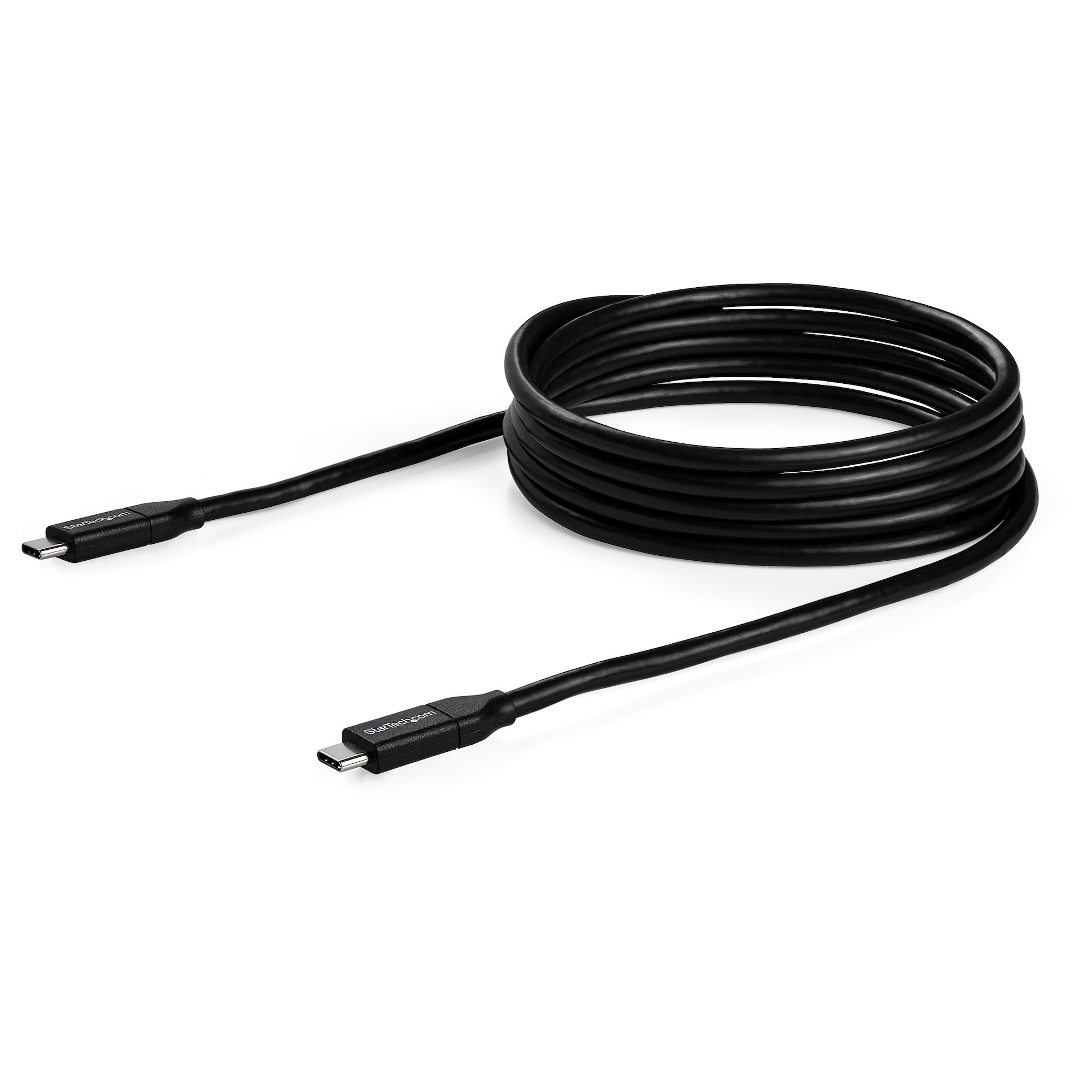 Cavo USB-C nero arrotolato su sfondo bianco.