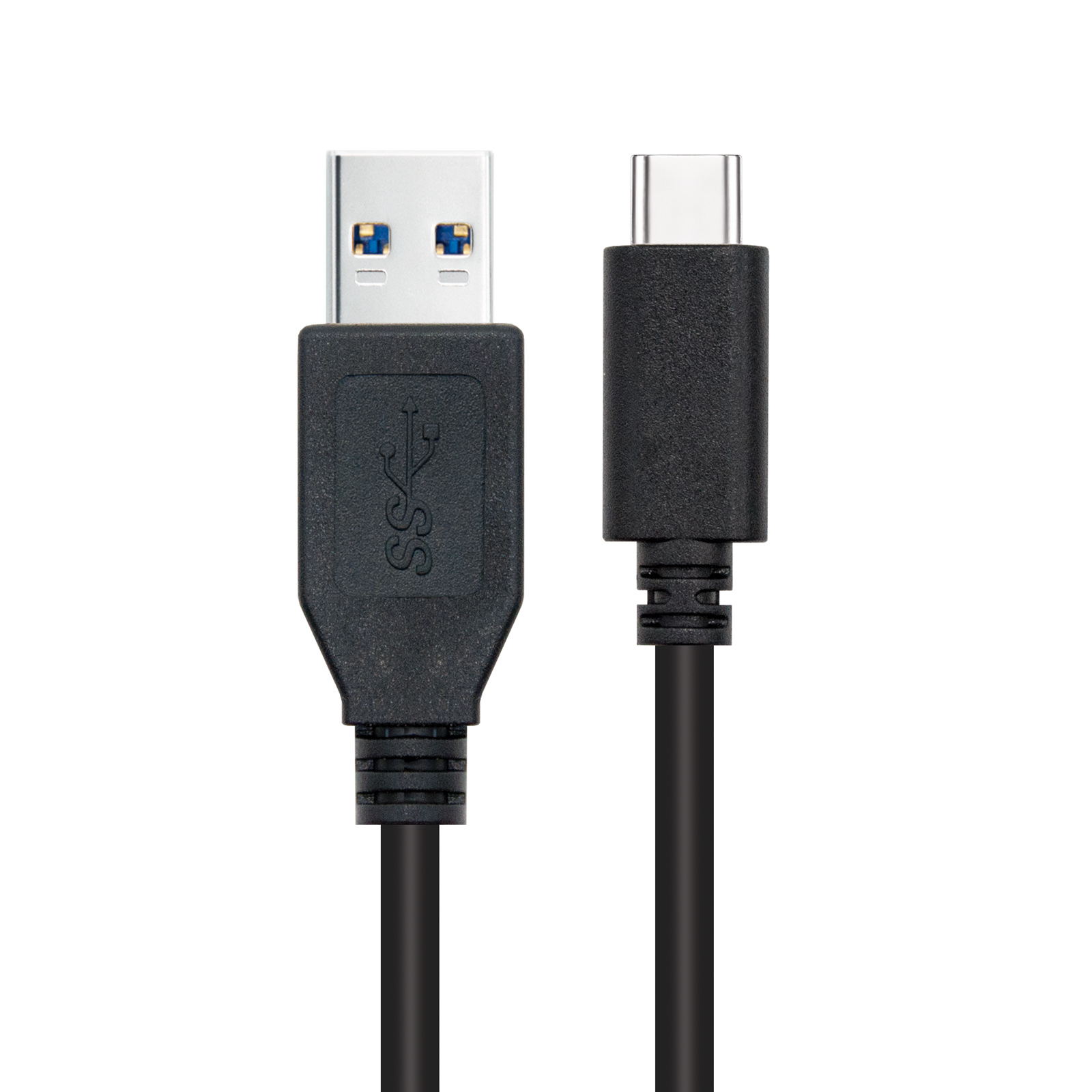 Twee zwarte USB-kabels, één met een USB-A-connector en de andere met een USB-C-connector, beide op een witte achtergrond.