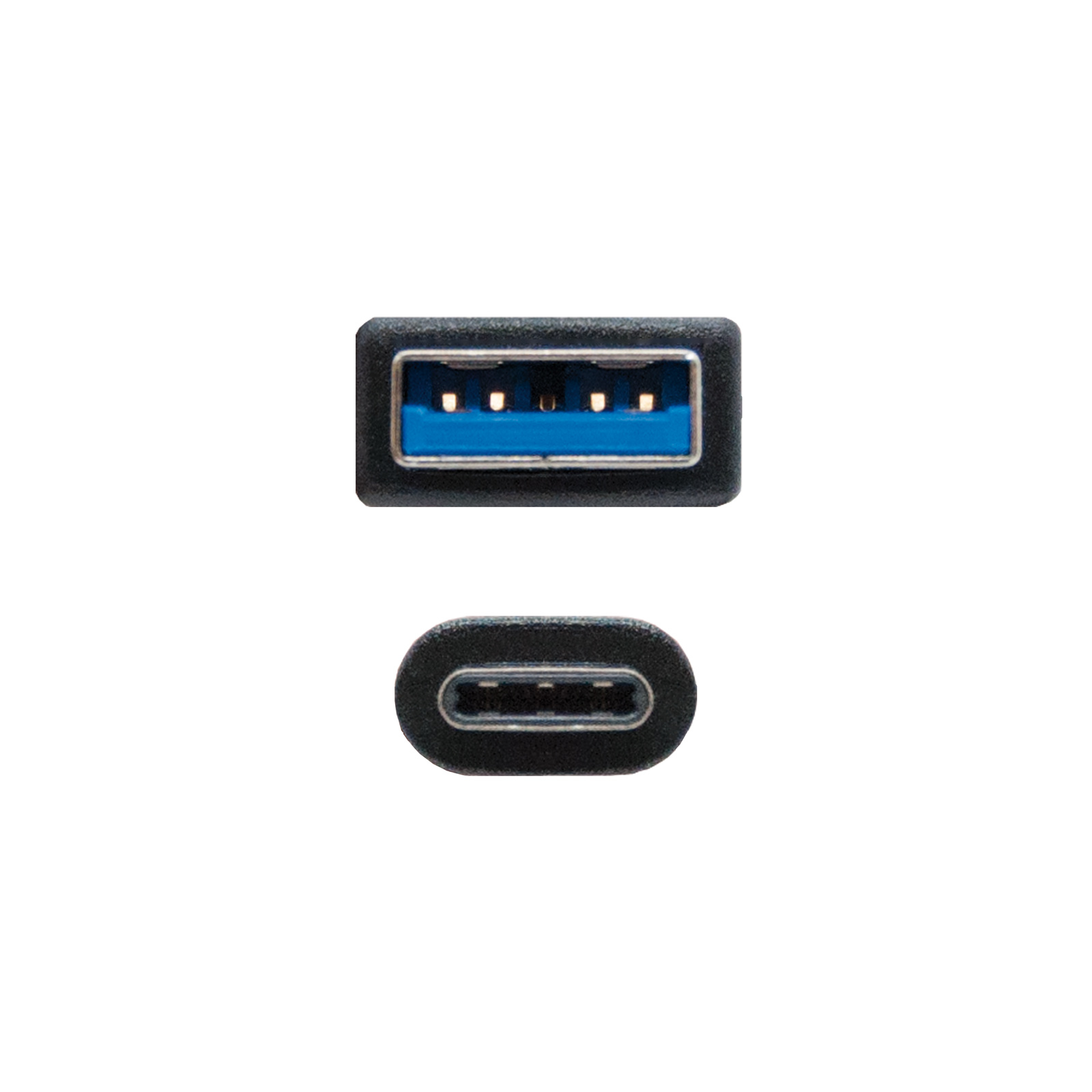 Close-up van USB- en USB-C-connectoren, zwart en blauw. Witte achtergrond.