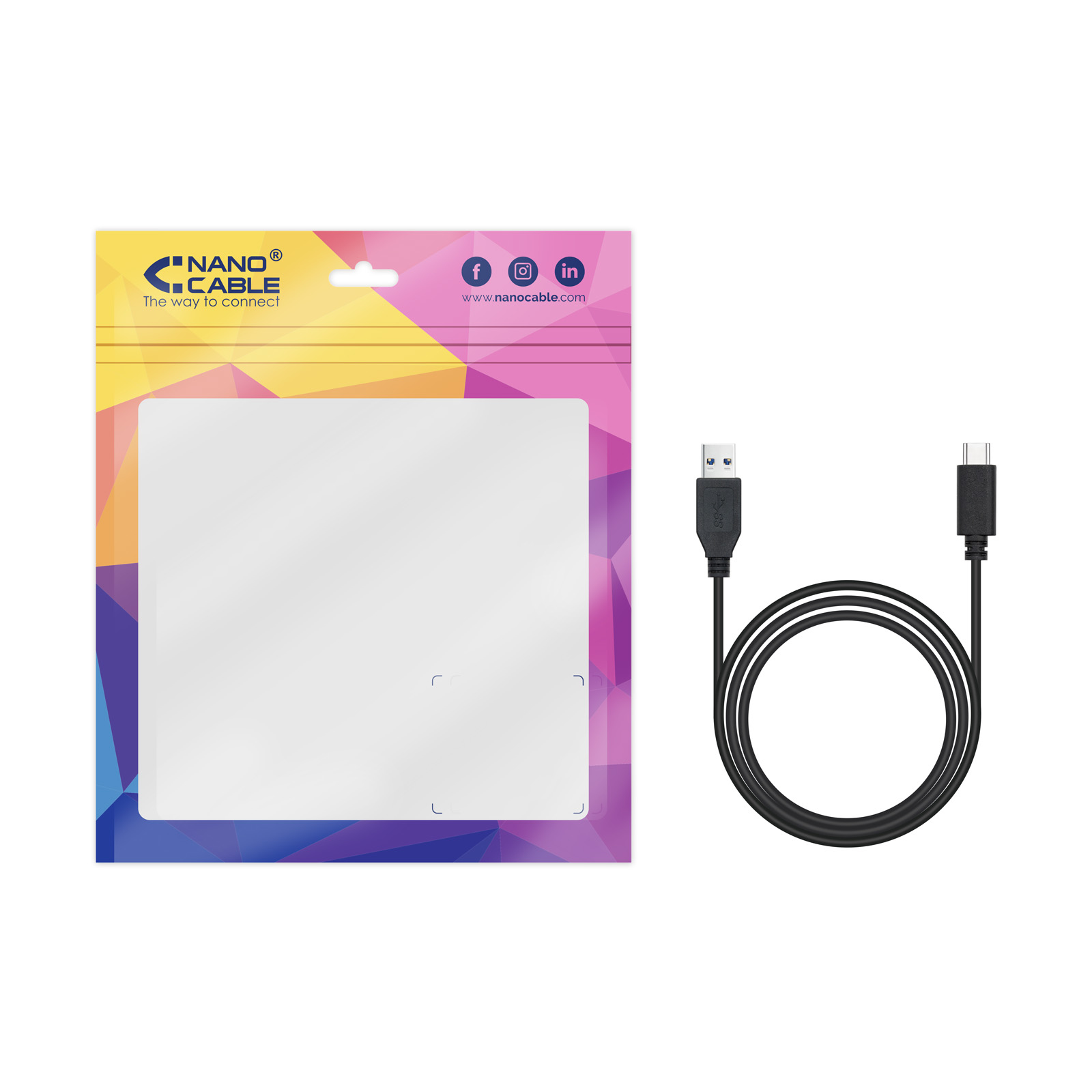 Zwarte USB-kabel met een USB-A- en USB-C-connector, verpakt in een transparante plastic zak.