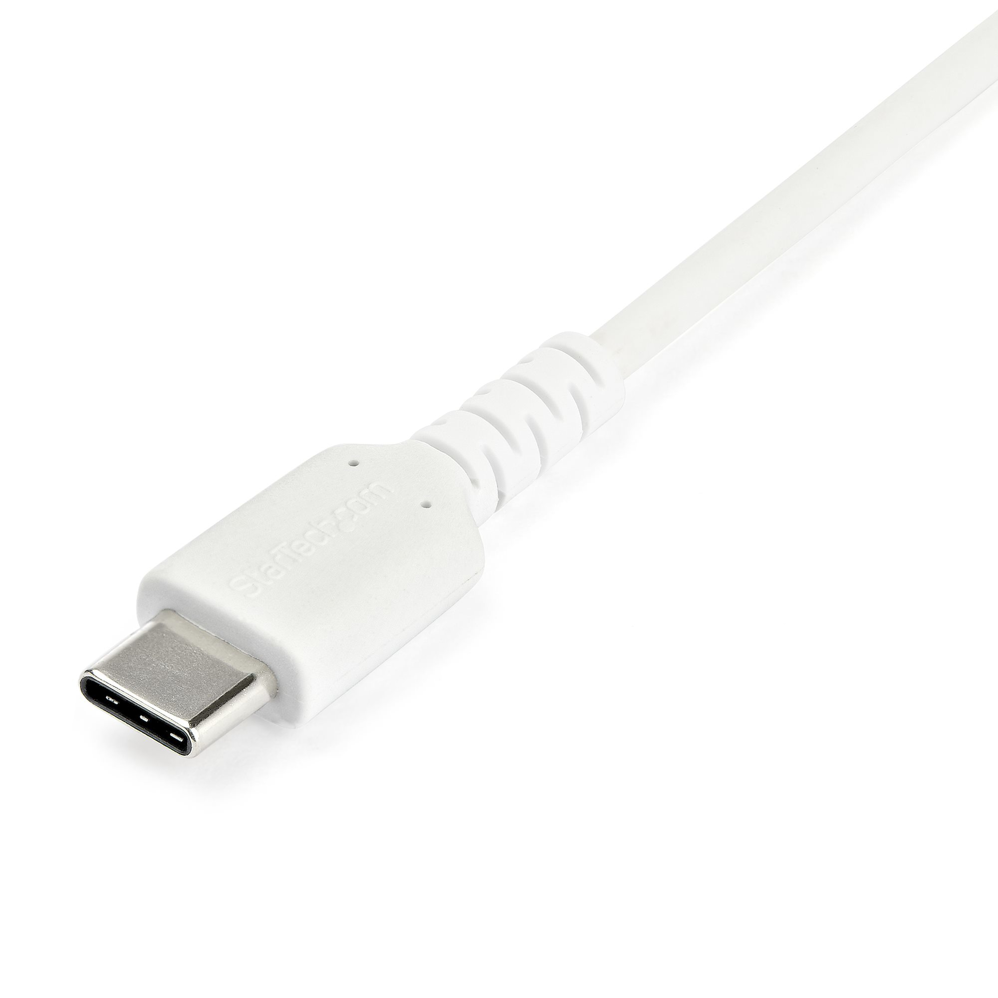 Cavo connettore USB-C bianco su sfondo bianco.