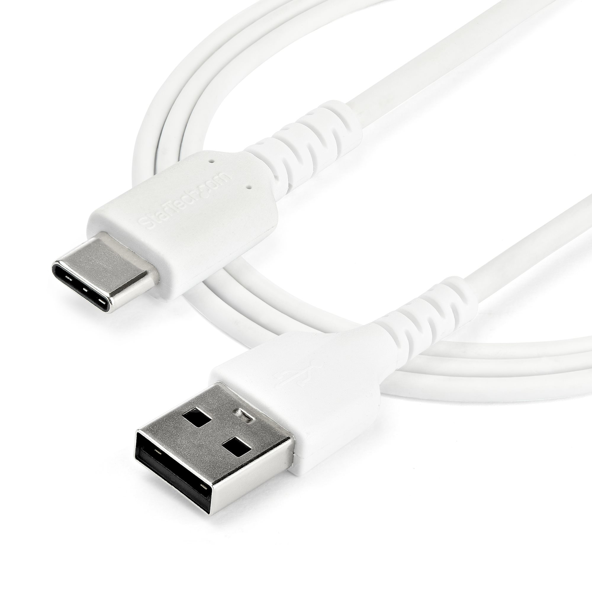 Cavo USB bianco con connettori USB-C e USB-A.