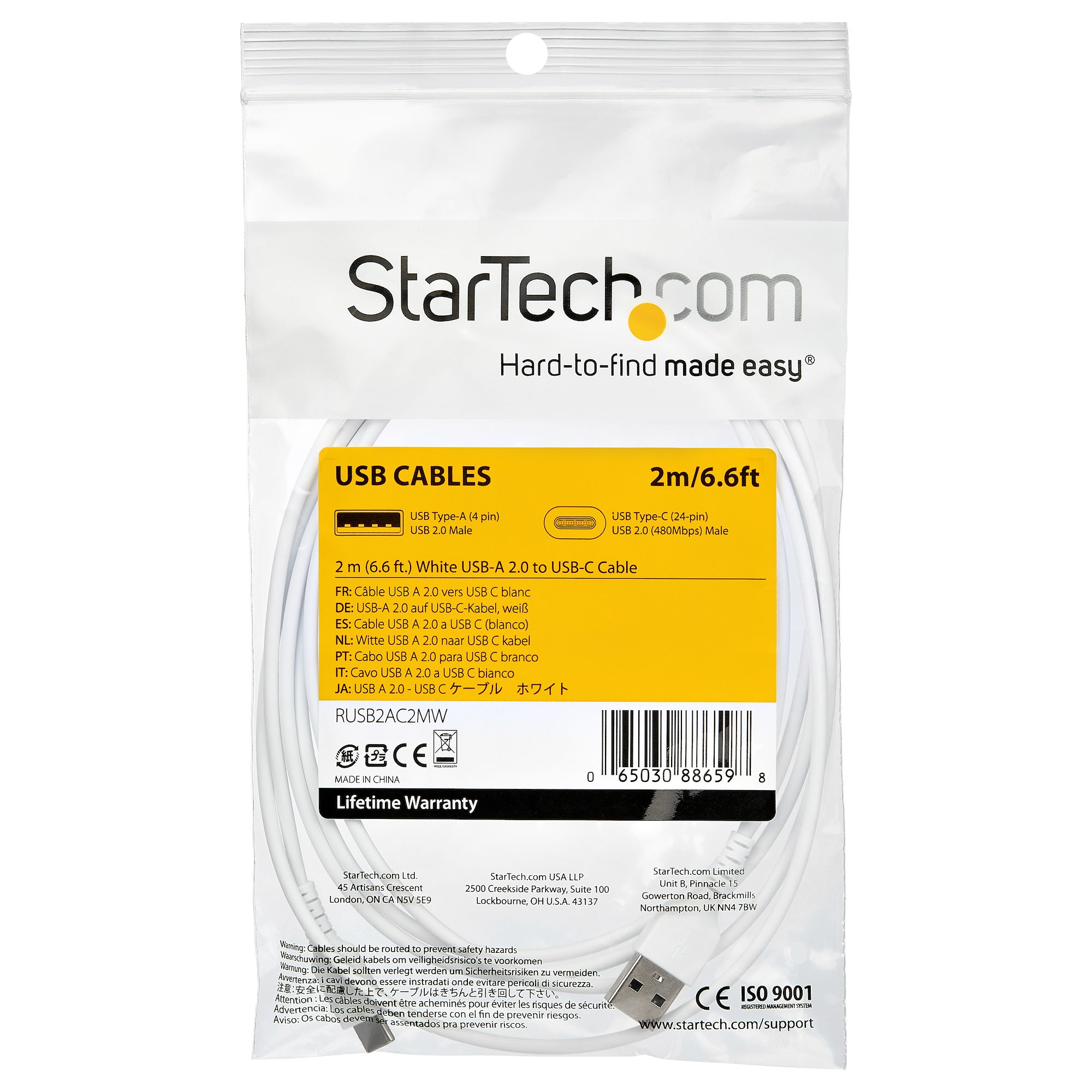 Confezione cavo USB. Sfondo bianco, marchio StarTech.com, porte USB-C e USB-A.