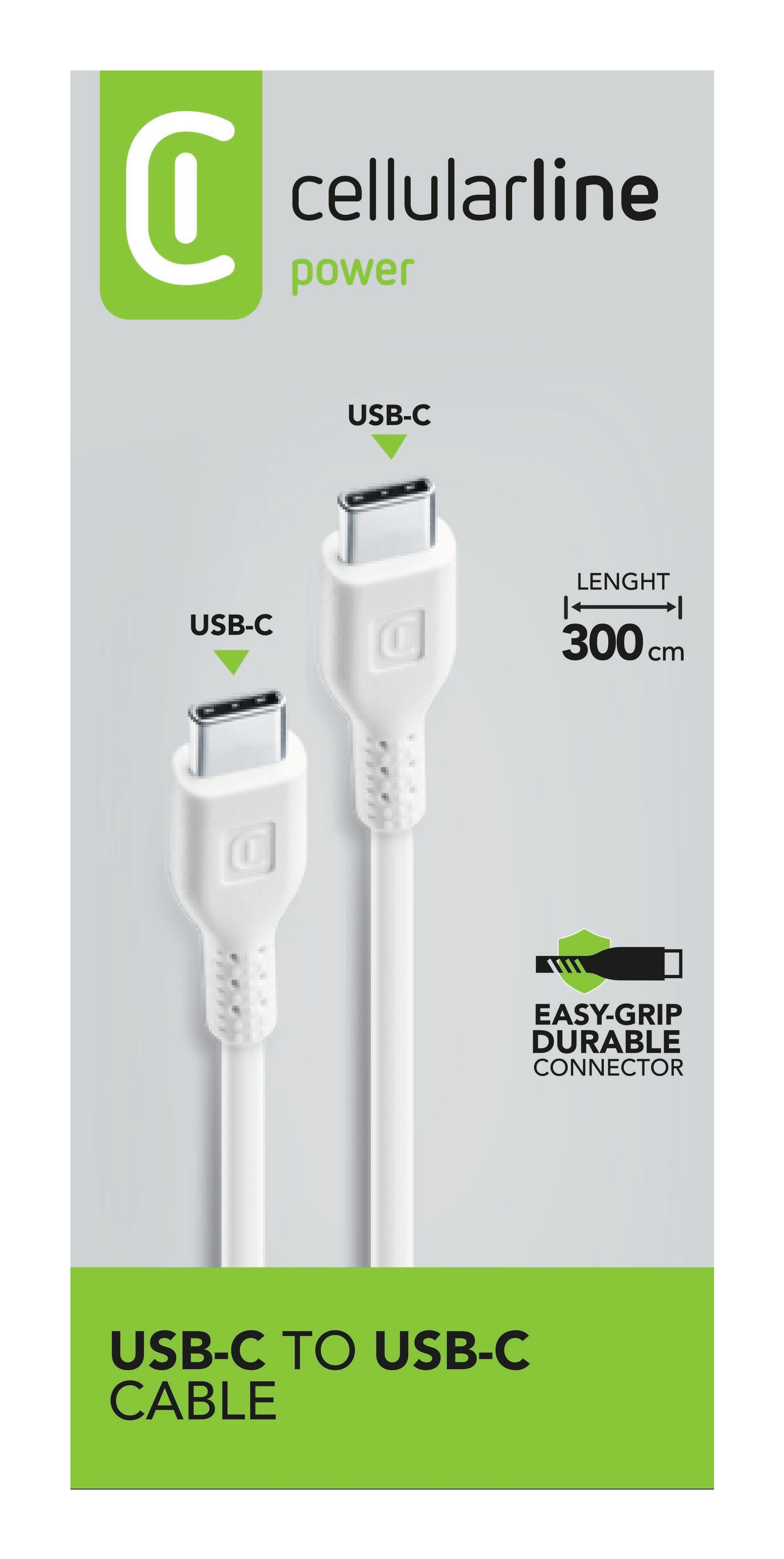 Dos cables USB-C a USB-C blancos con el texto 'USB-C TO USB-C CABLE'.