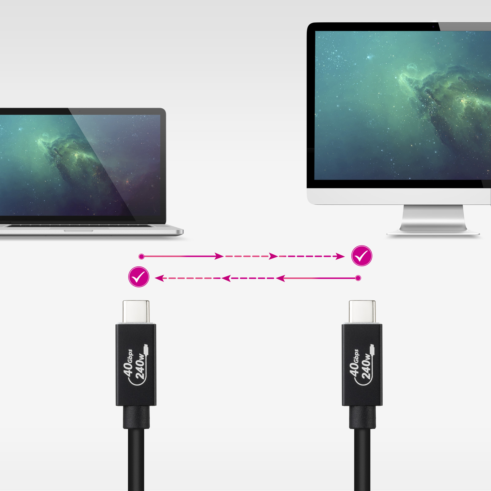 Twee USB-C-kabels die een laptop met een monitor verbinden, beide met vinkjes.