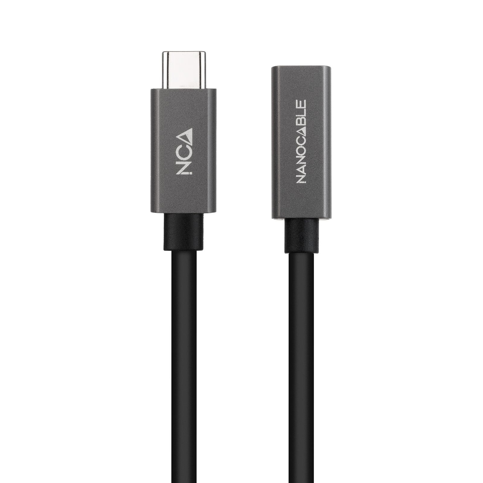 Twee grijze USB-C-kabels, een met de naam NCA en de andere NANOCABLE. Beide hebben zwarte verbindingsdraden.
