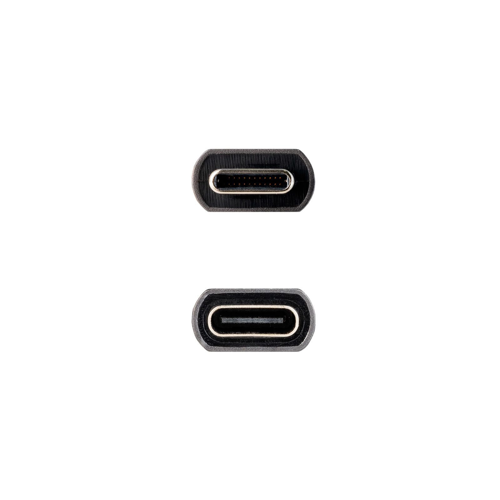 Close-up van twee USB-C connectoren. Eén wijst omhoog, de andere omlaag.