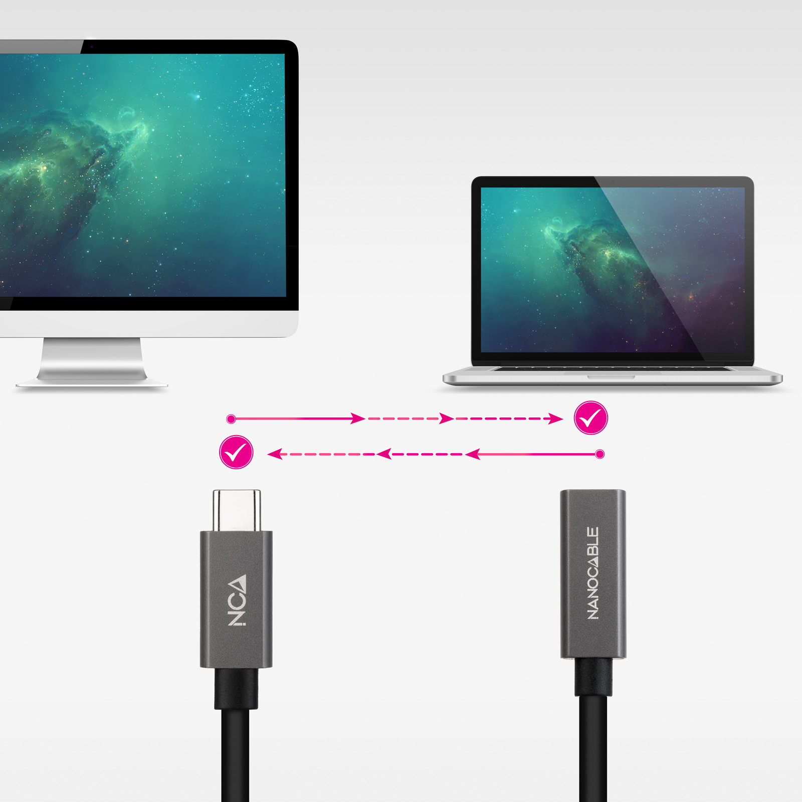 Een monitor en een laptop verbonden door een USB-C-kabel met een connector aan elk uiteinde.