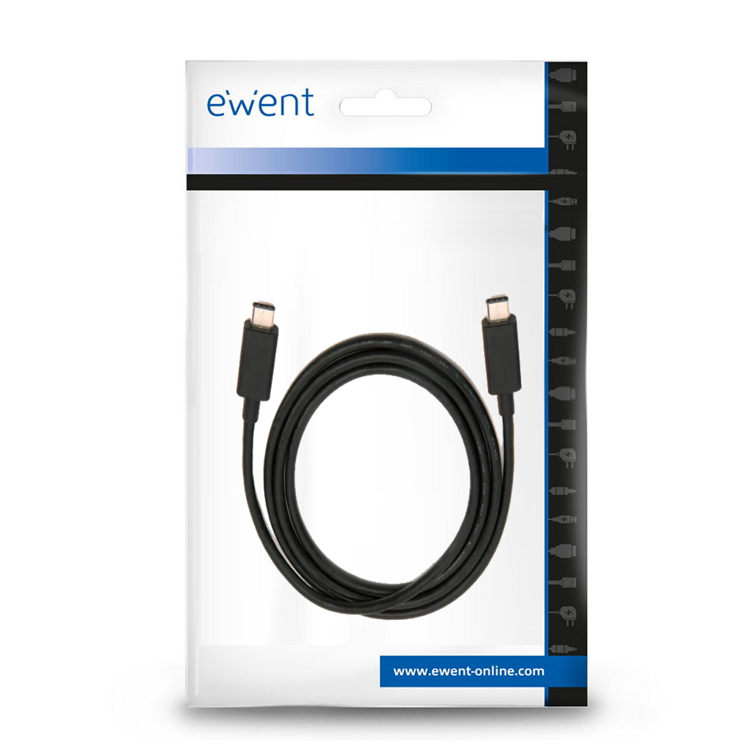 Black USB-C cable in a transparent package labeled 'ewent' and the website address.