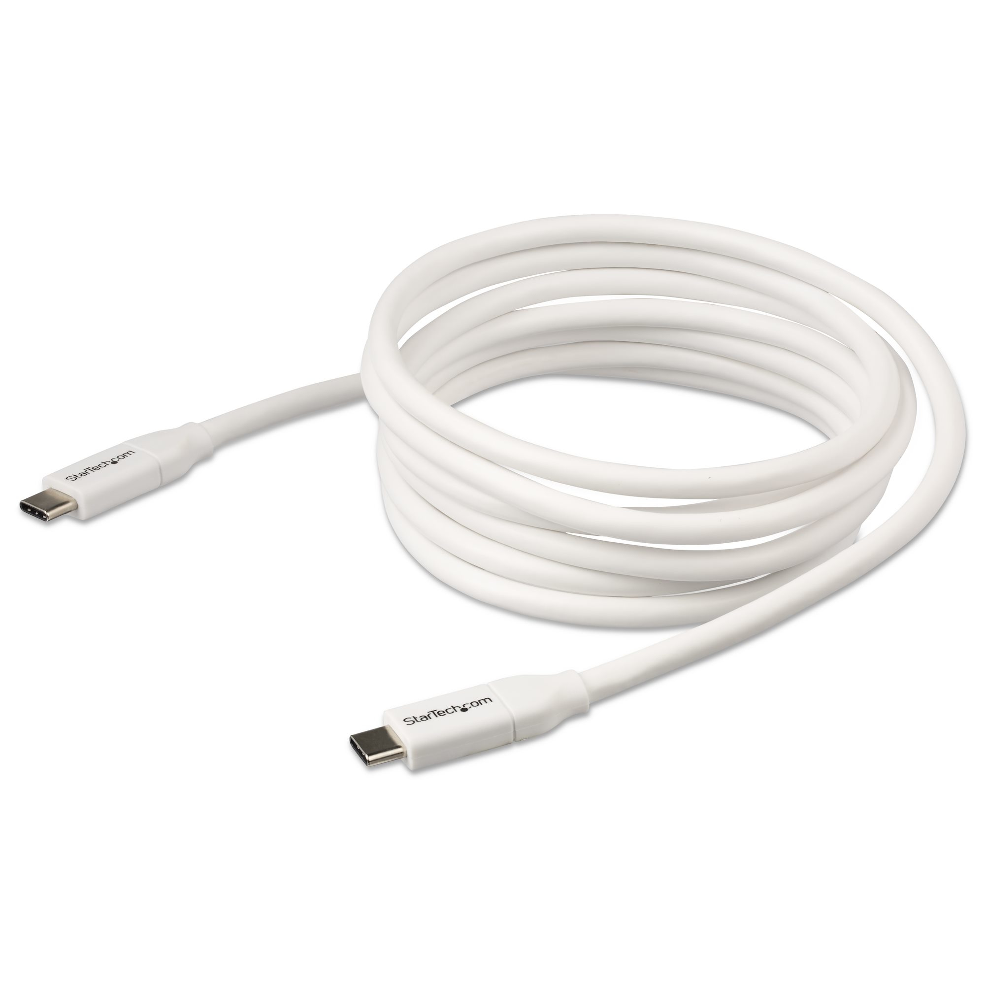Cavo USB-C bianco, a spirale. Due connettori USB-C su ciascuna estremità.