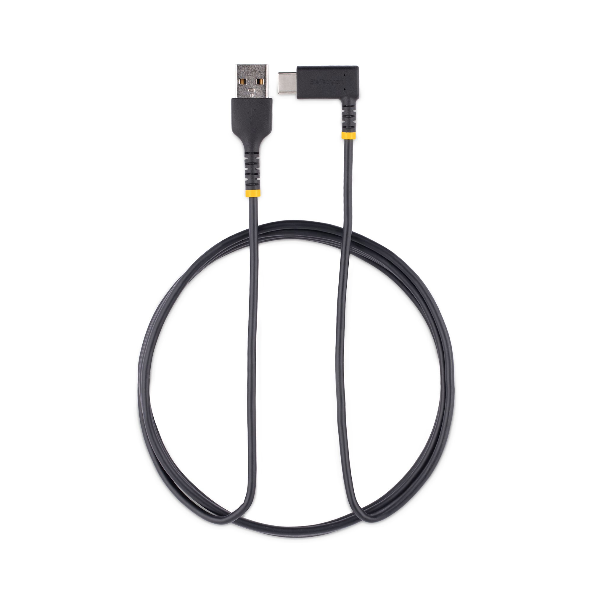 Zwarte USB-kabel met USB-A- en USB-C-connectoren. Heeft een gele accentkleur en een cirkelvorm.