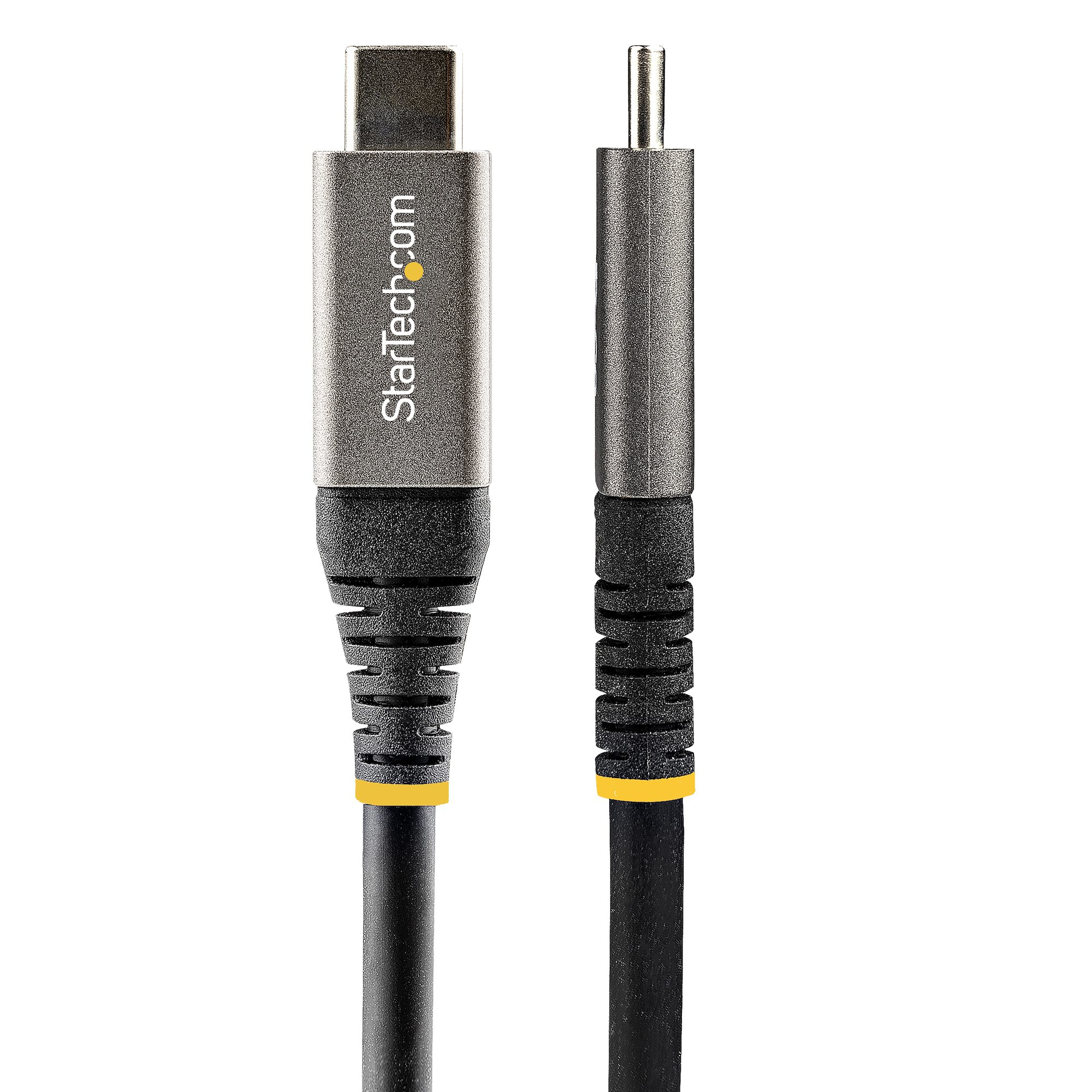 Cable USB-C a USB-C StarTech.com negro y plateado, con detalles amarillos.