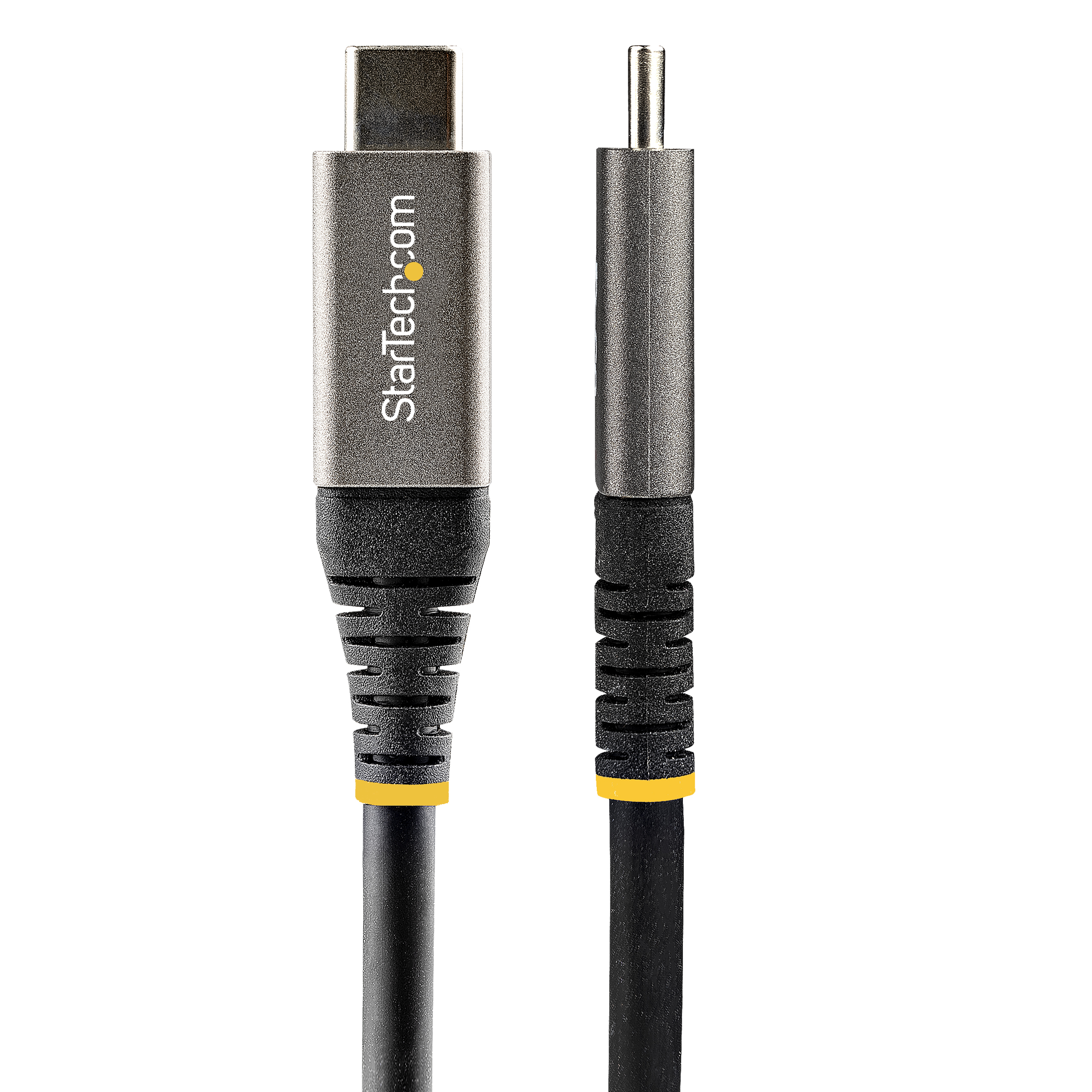 Zwarte en grijze USB-C-kabel, close-up. StarTech.com merk. Zwarte connector.