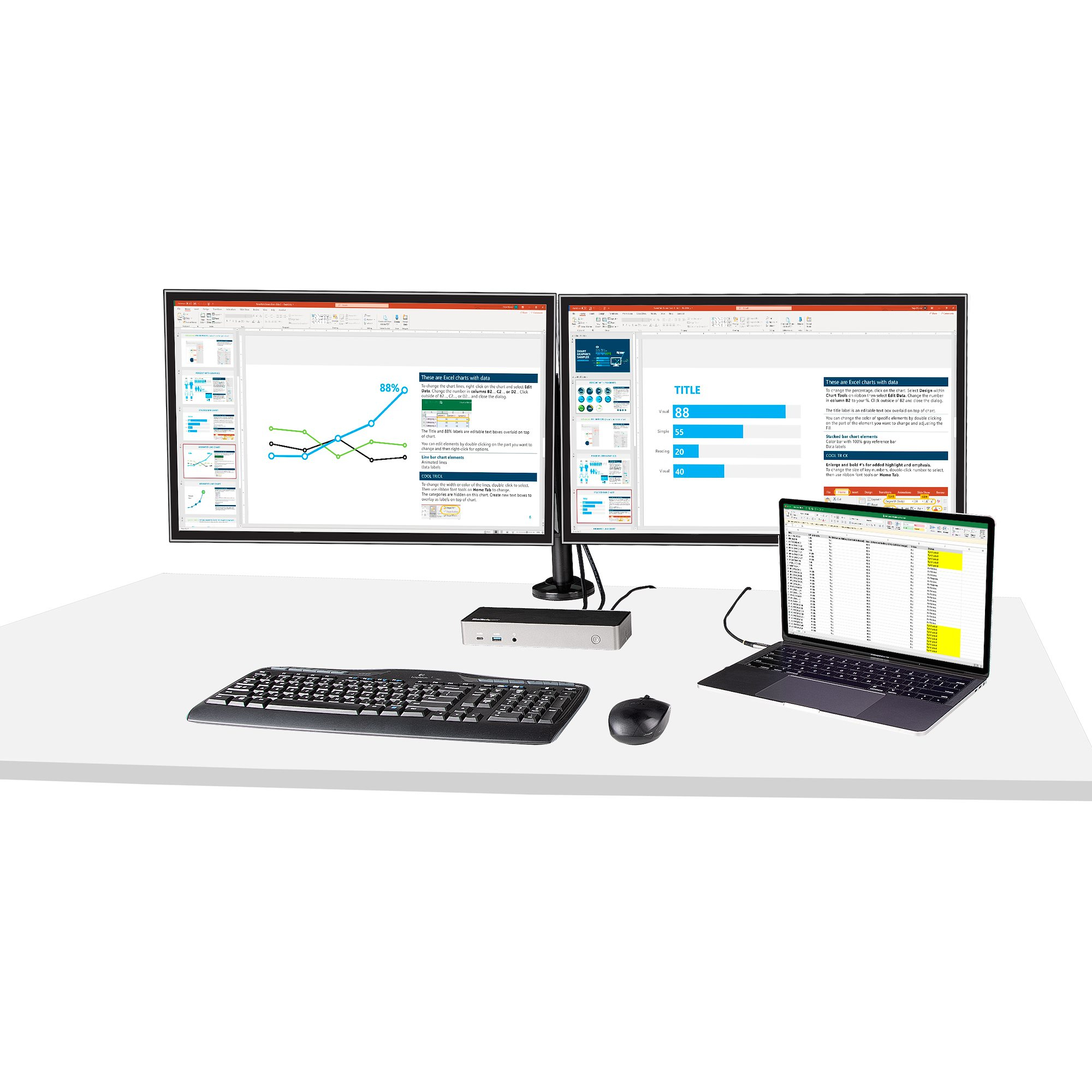 Configuración de escritorio con dos monitores, laptop, teclado y ratón, mostrando gráficos y datos.