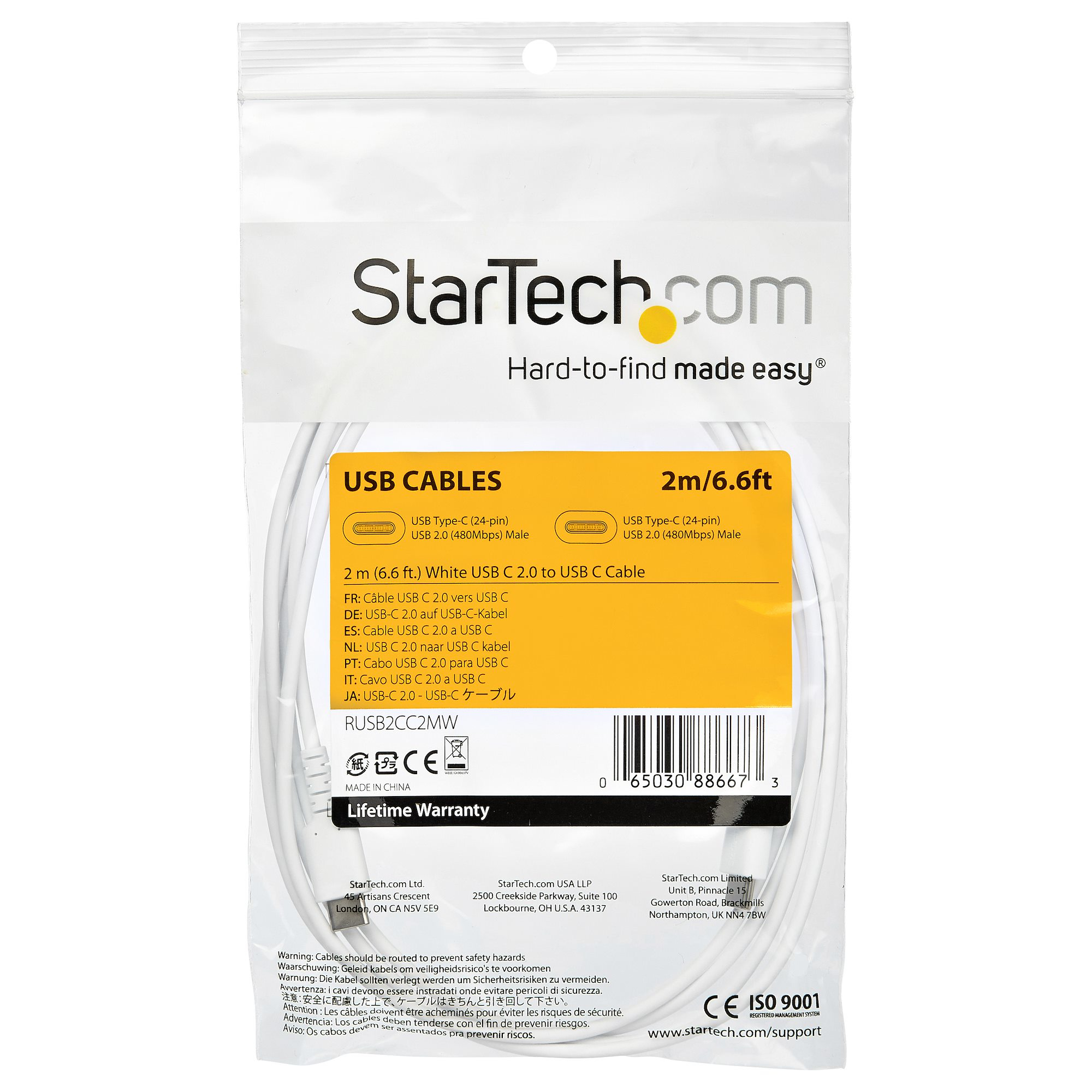 Confezione cavo USB StarTech.com bianca e gialla, informazioni sul prodotto.