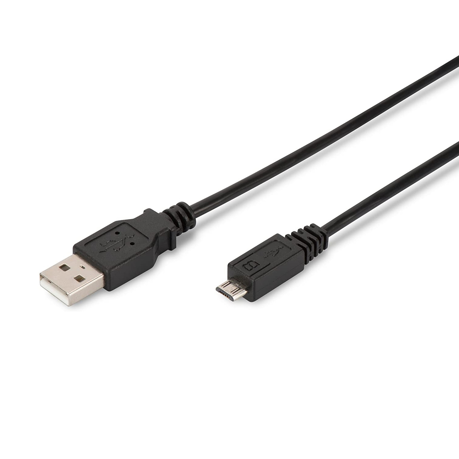 Ein schwarzes USB-zu-Micro-USB-Kabel mit einem USB-Anschluss und einem Micro-USB-Ende.