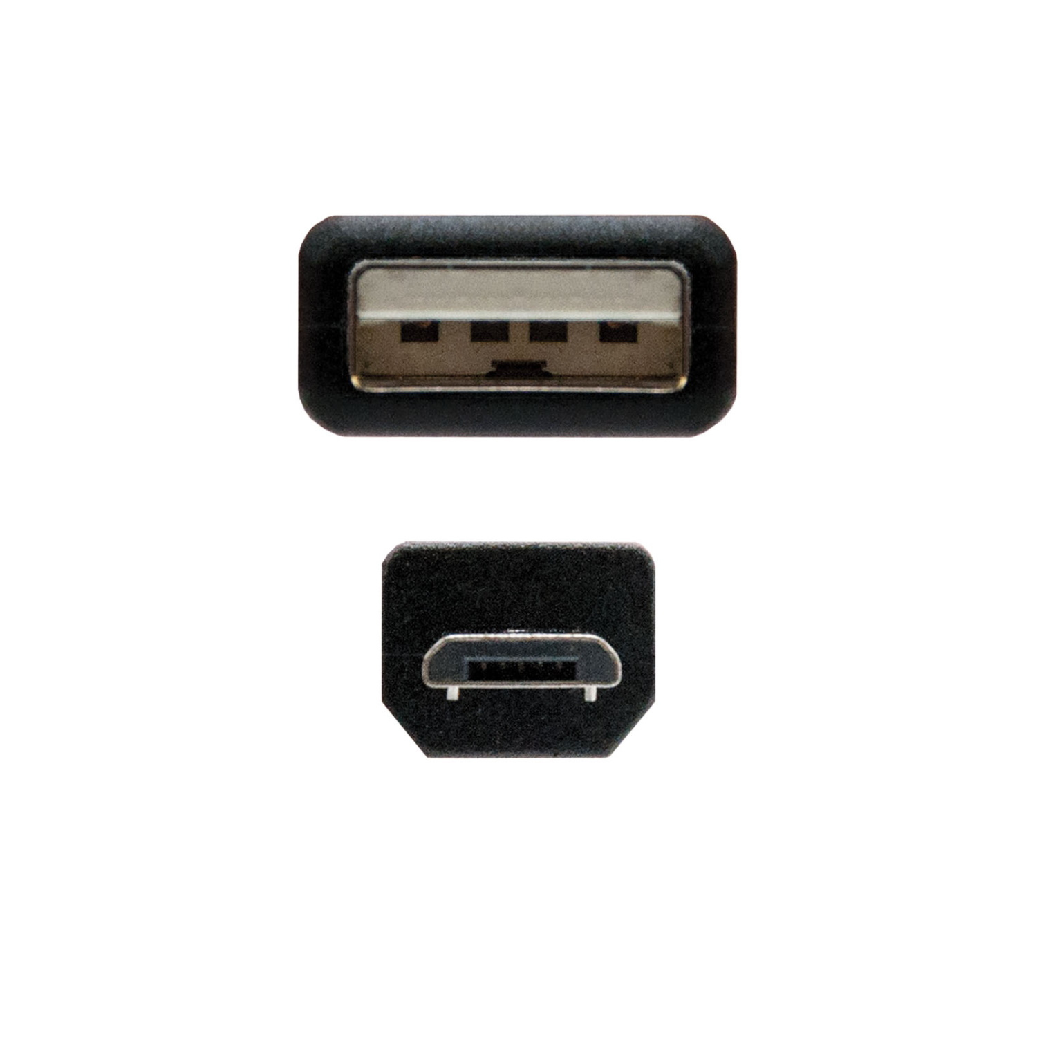 USB-Anschluss, sowohl Standard als auch Micro, vor weißem Hintergrund. Der Micro-Anschluss ist unten.
