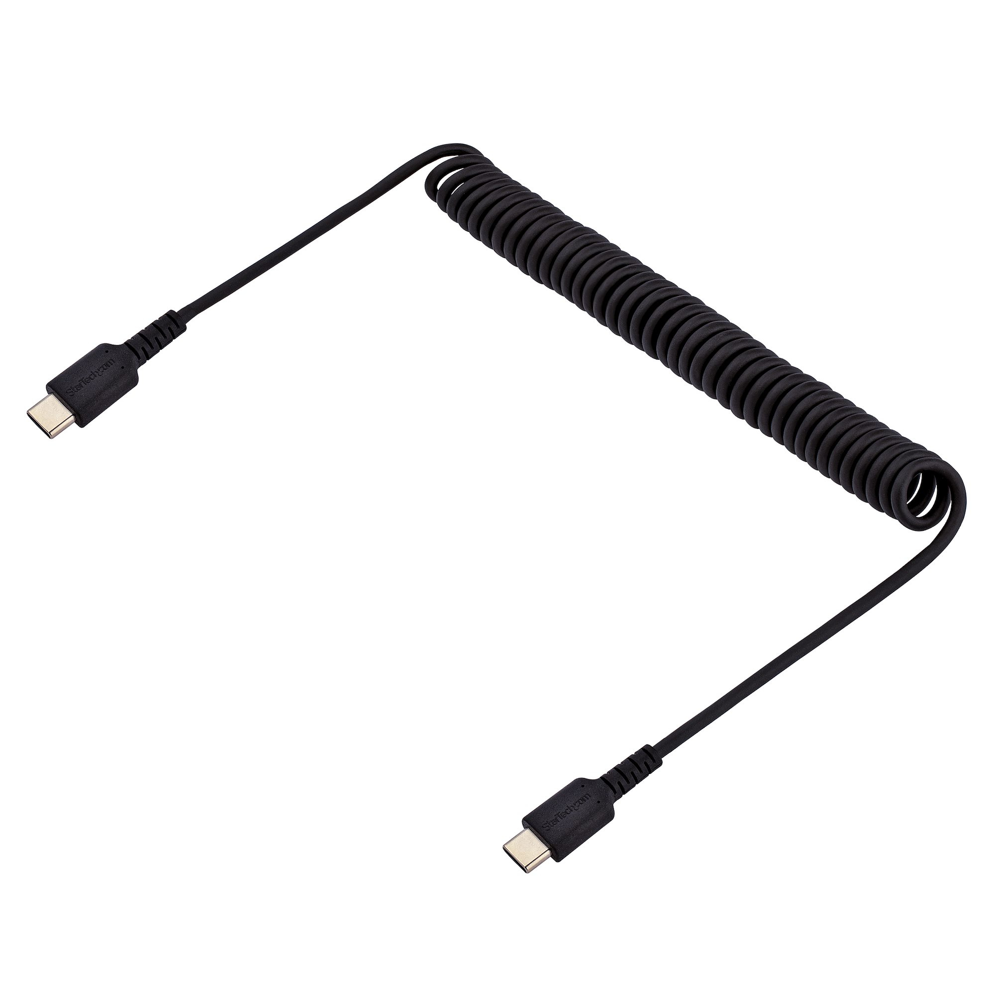 Cavo USB-C a spirale con connettori ad entrambe le estremità.