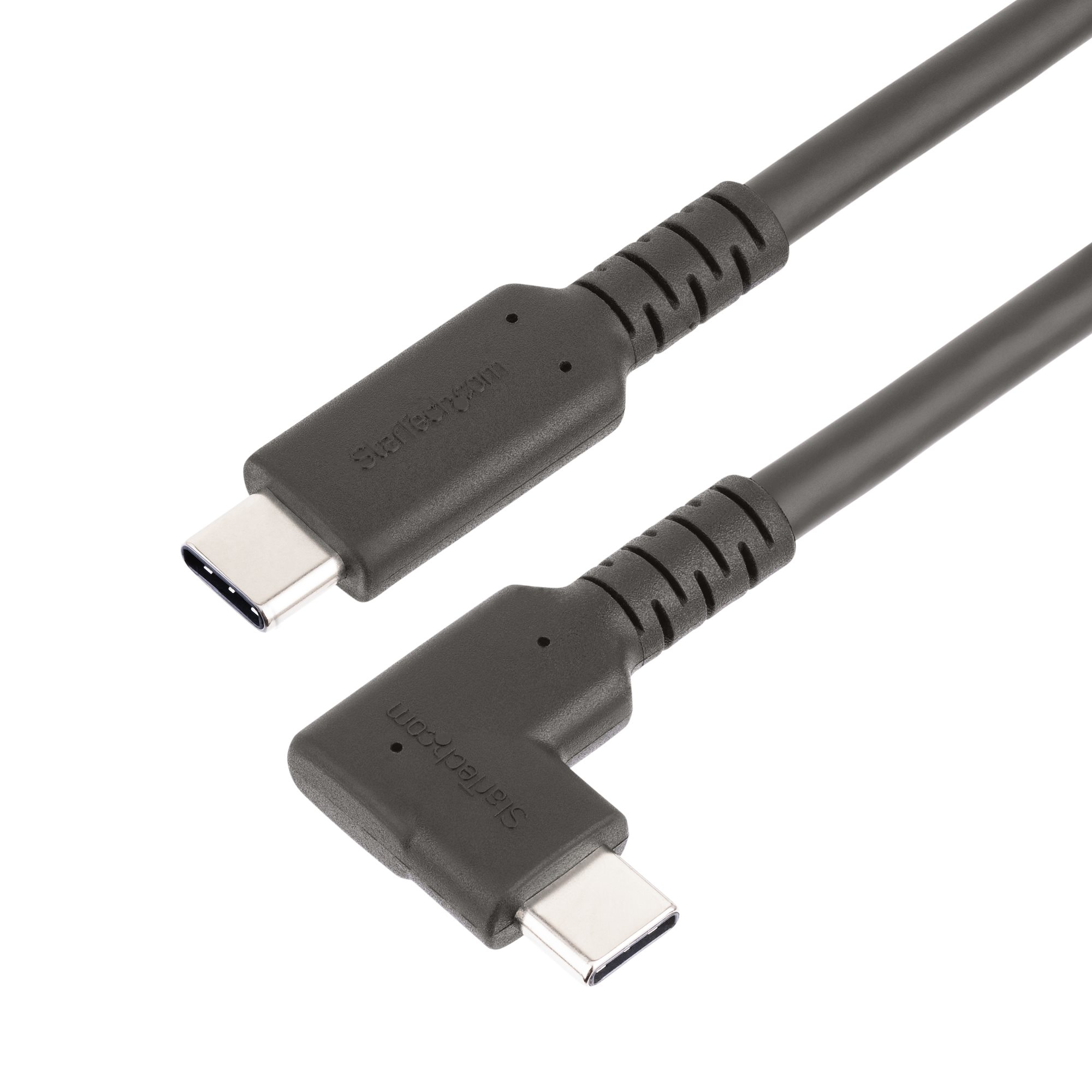 Schwarzes USB-C-Kabel. Ein Ende ist ein rechtwinkliger USB-C-Anschluss. Das andere ist ein gerader USB-C.